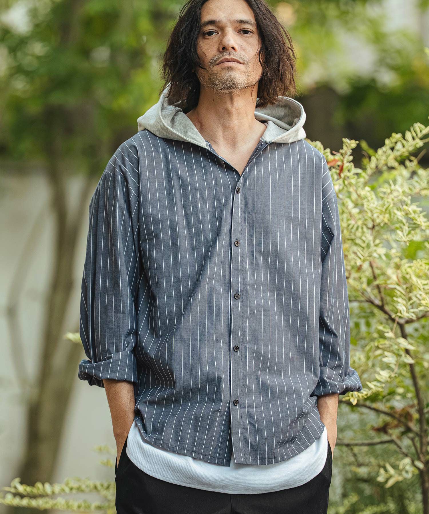 CAMBIO(カンビオ)】Stripe Broad Hooded Shirts フードシャツ