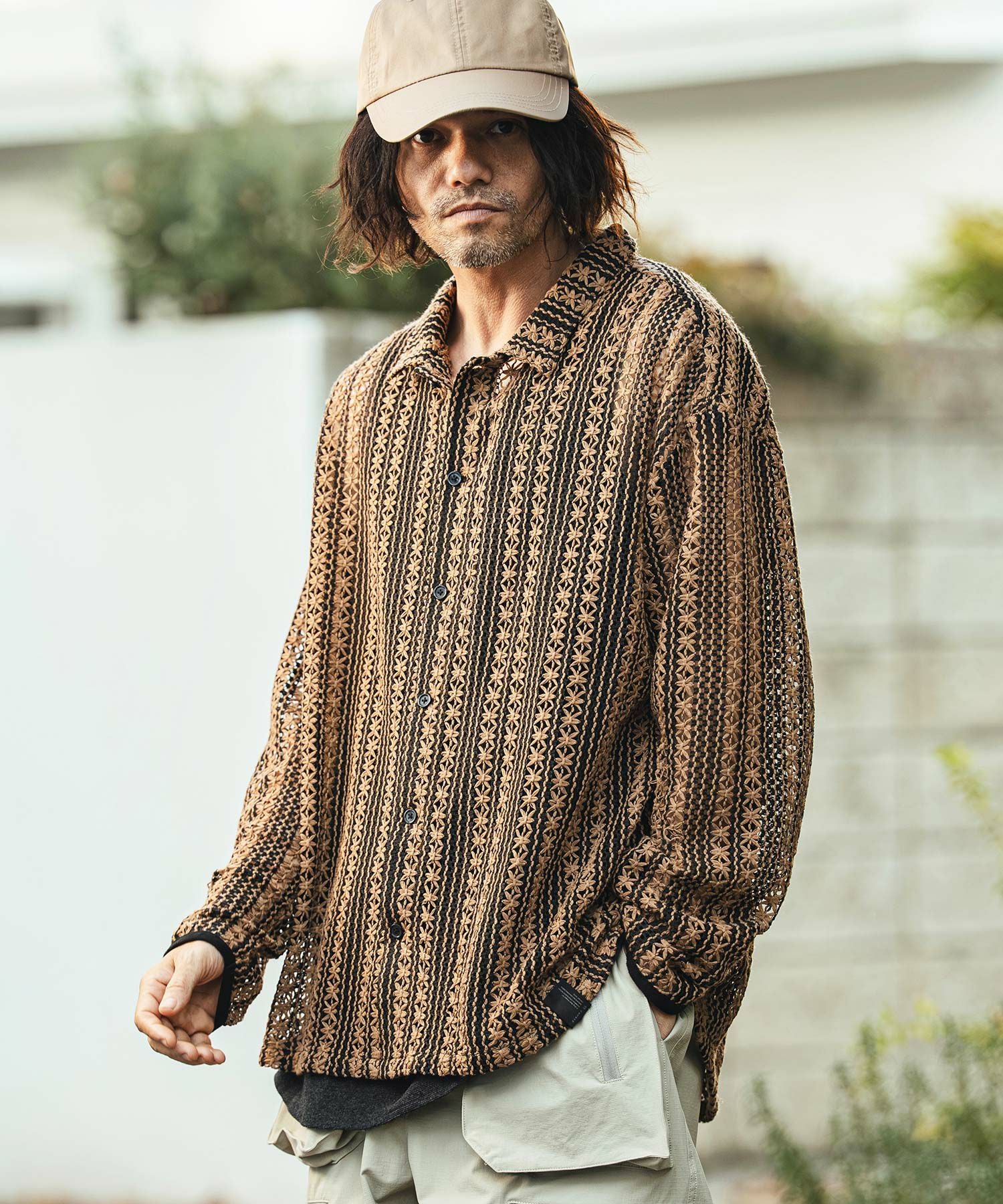 ommoストライプシャツ CAMBIO(カンビオ)】Openwork Floral Stripe Shirts フラワーストライプ