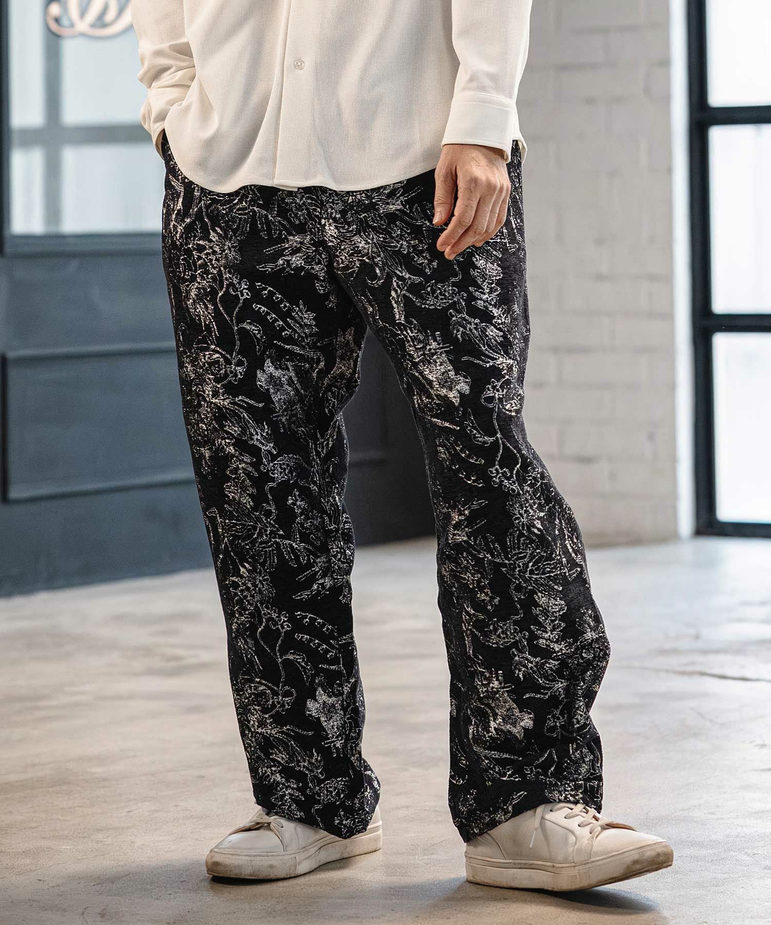 【大人気★完売商品】カンビオ テーパードパンツ アンクル 総柄 白黒 L CAMBIO(カンビオ)】Dobby Jacquard Cut Sew Tapered Pants テーパード