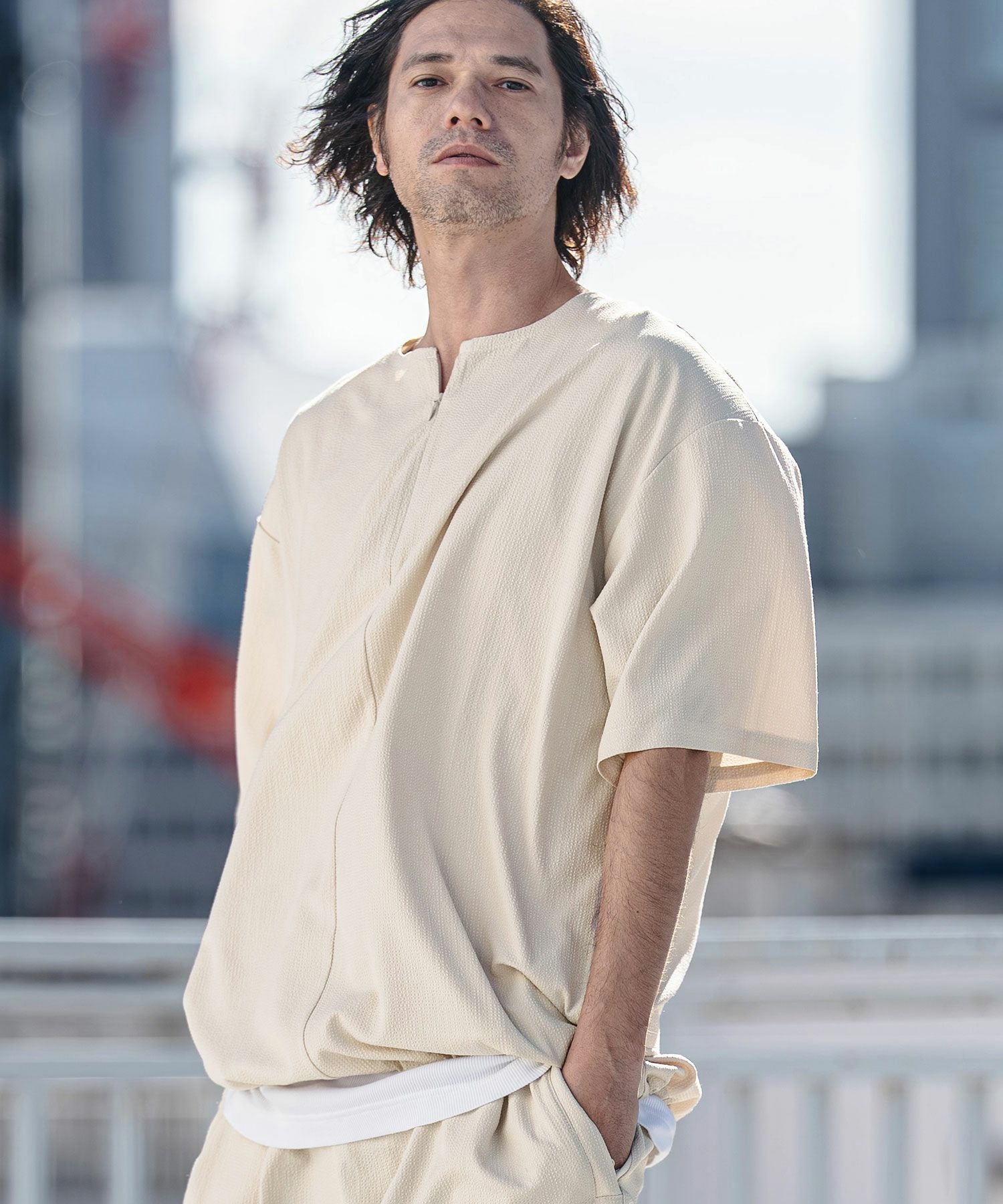 CAMBIO(カンビオ)】Stretch Seersucker Zip Henley Neck Short Sleeve