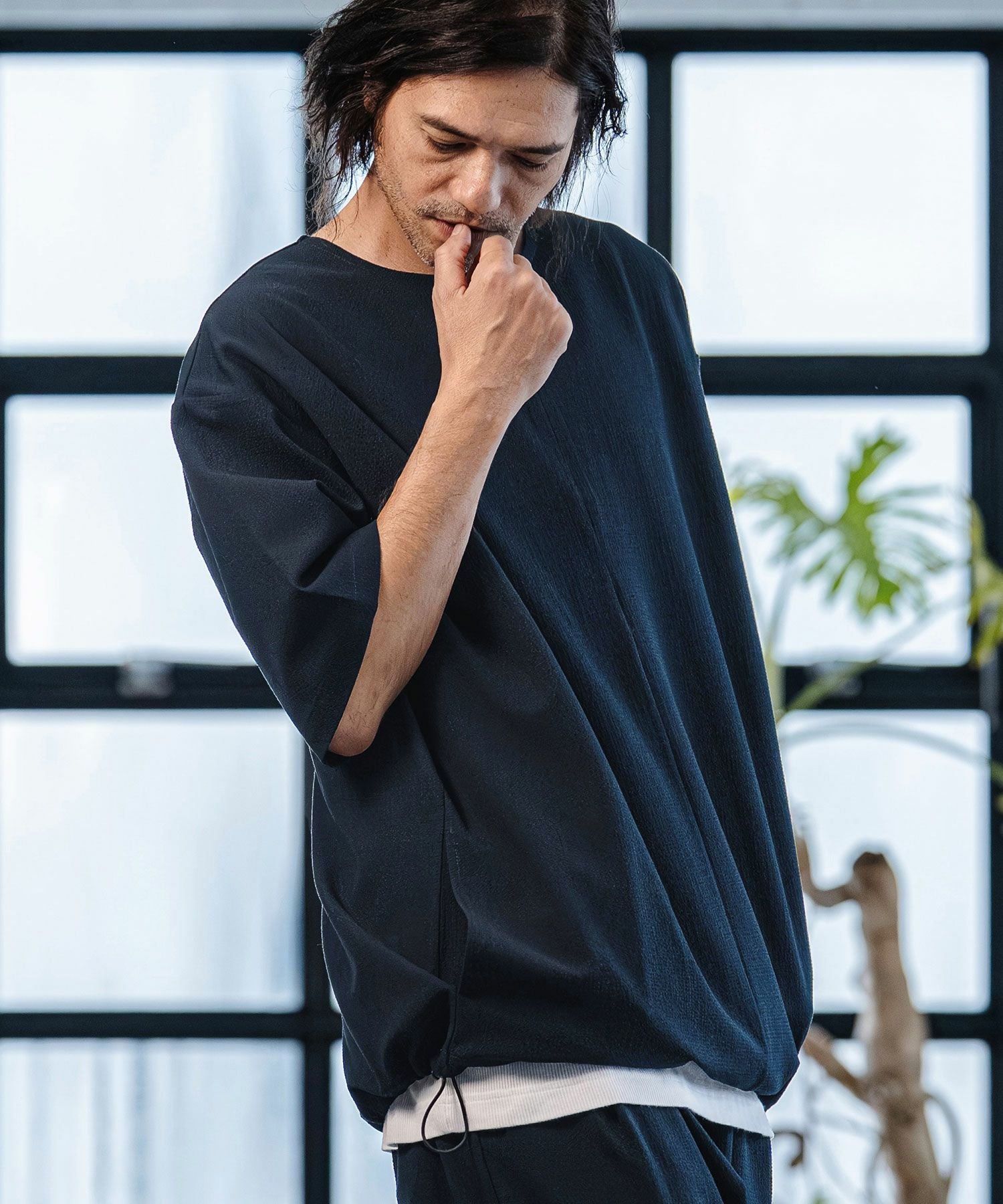 CAMBIO(カンビオ)】Stretch Seersucker Zip Henley Neck Short Sleeve