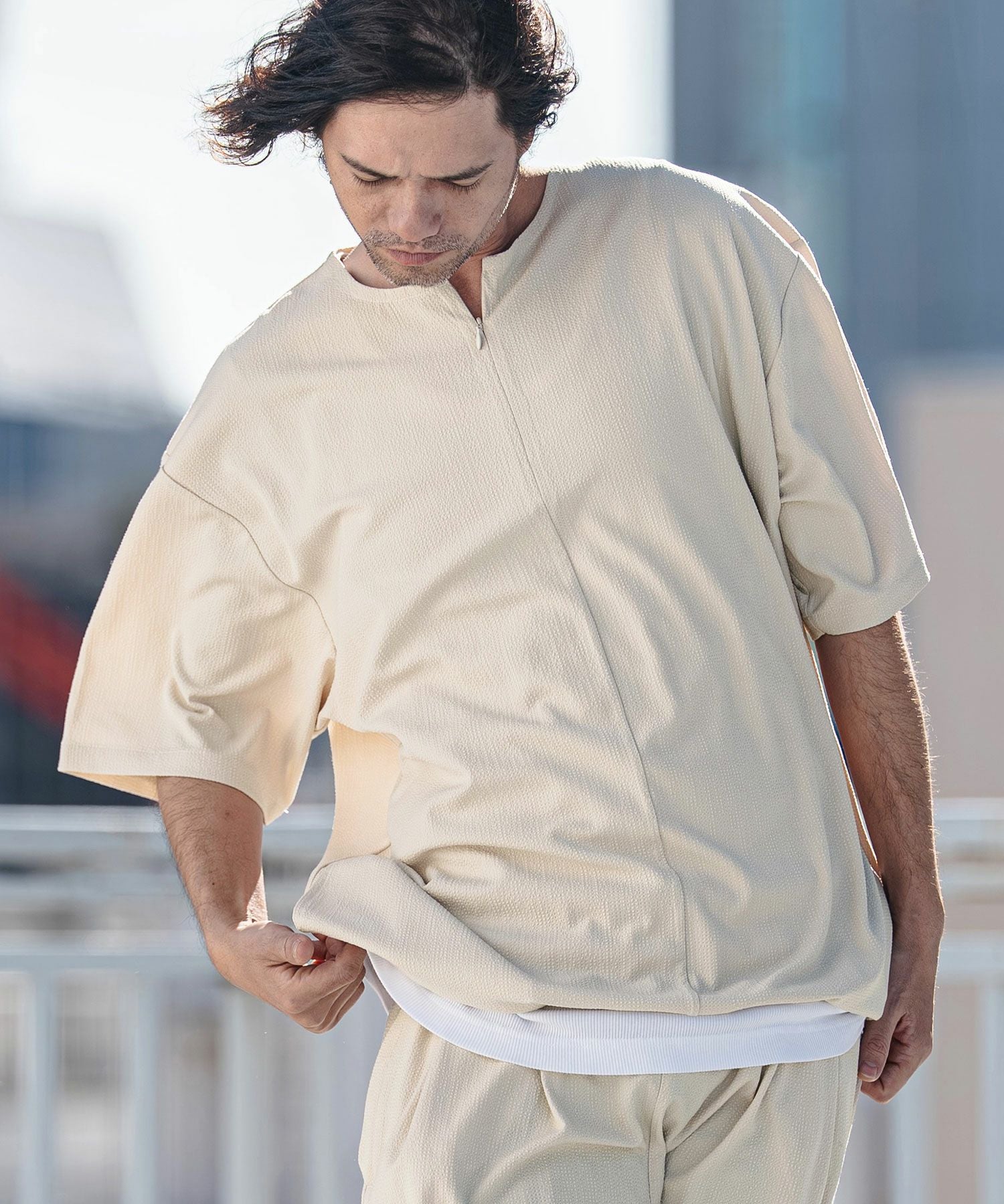 CAMBIO(カンビオ)】Stretch Seersucker Zip Henley Neck Short Sleeve