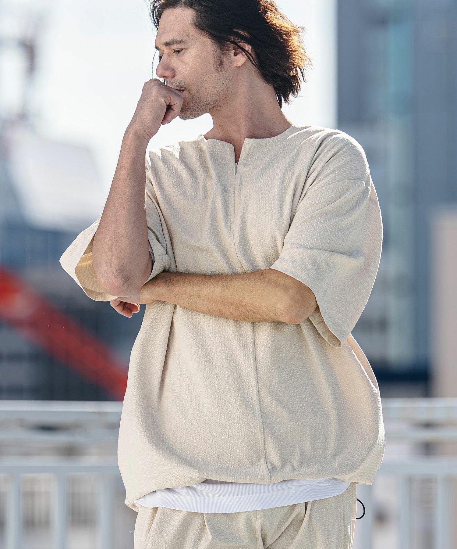 CAMBIO(カンビオ)】Stretch Seersucker Zip Henley Neck Short Sleeve