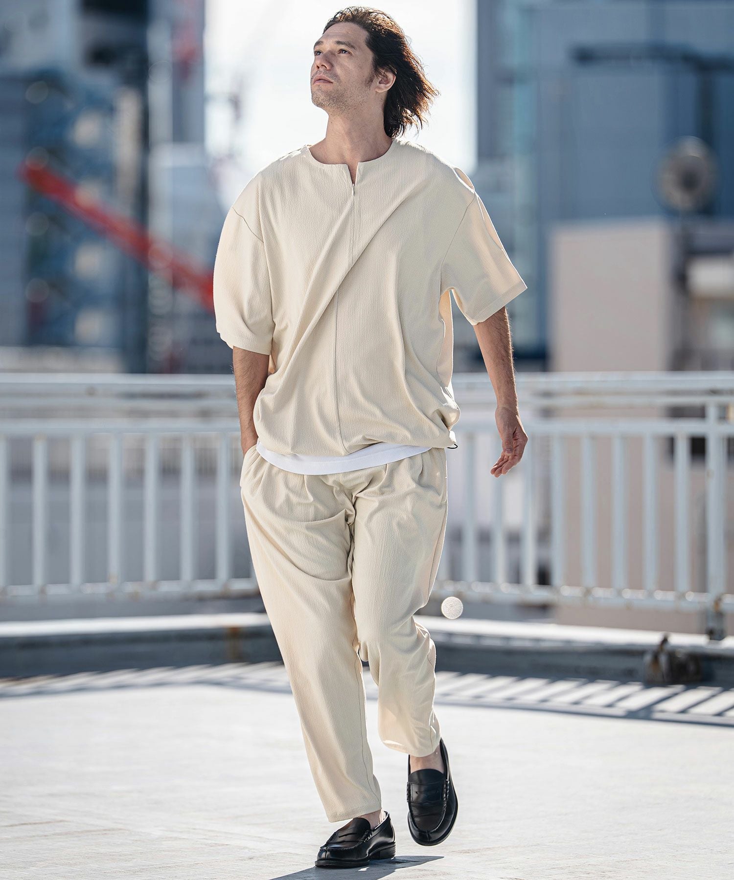 CAMBIO(カンビオ)】Stretch Seersucker Zip Henley Neck Short Sleeve