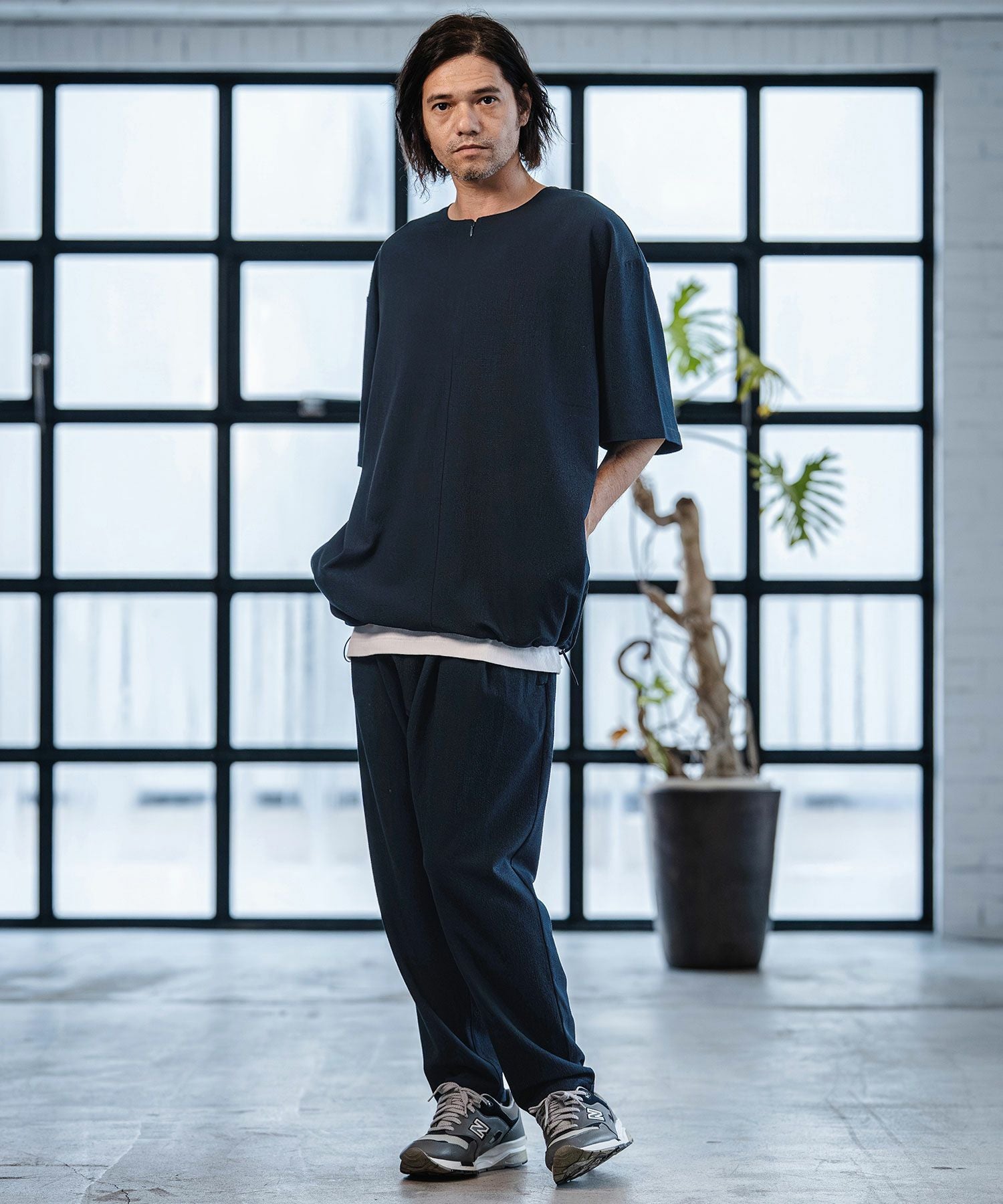 CAMBIO(カンビオ)】Stretch Seersucker Zip Henley Neck Short Sleeve
