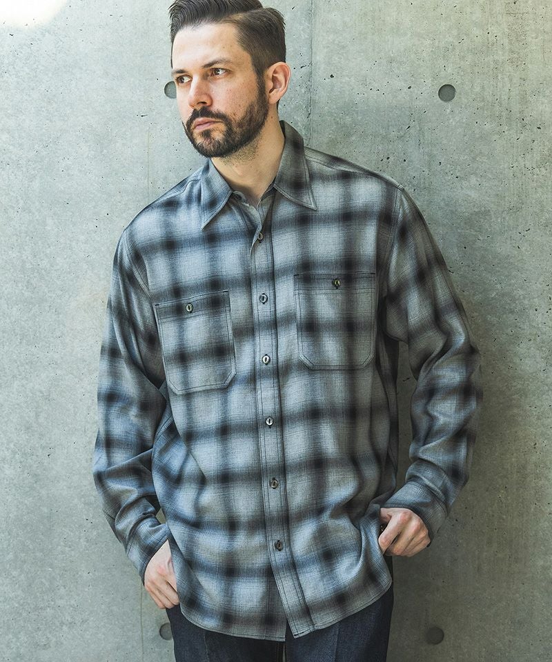 MROLIVE(ミスターオリーブ)】RAYON OMBRE CHECK -WORK SHIRT オン