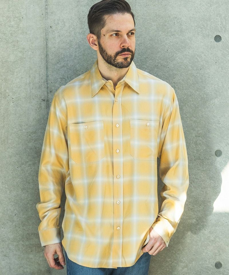 MROLIVE(ミスターオリーブ)】RAYON OMBRE CHECK -WORK SHIRT オン