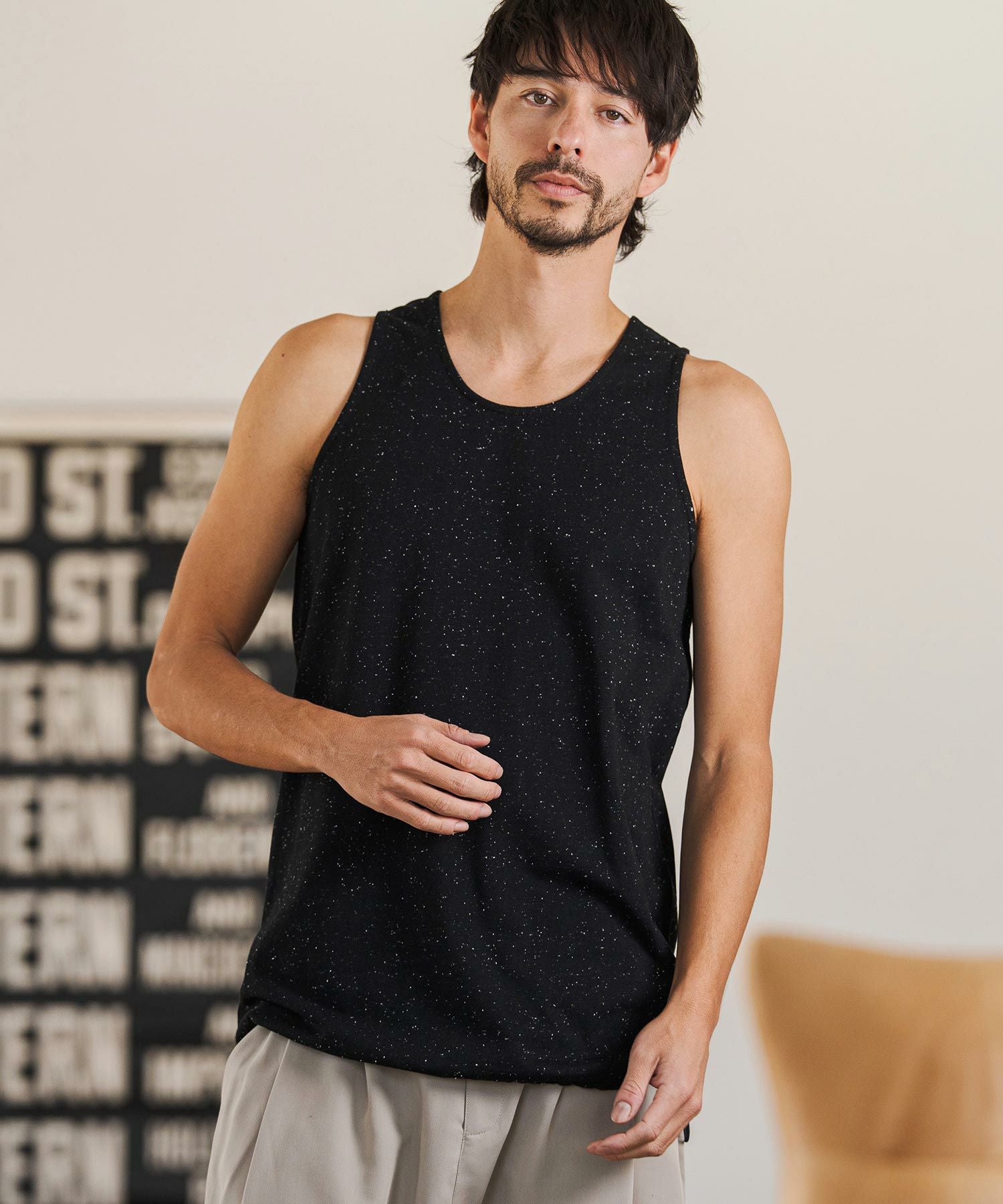クロスとロゴプリントのブラックタンクトップ 30%OFF【CAMBIO(カンビオ)】Nep Tank top タンクトップ(2026GIM-014