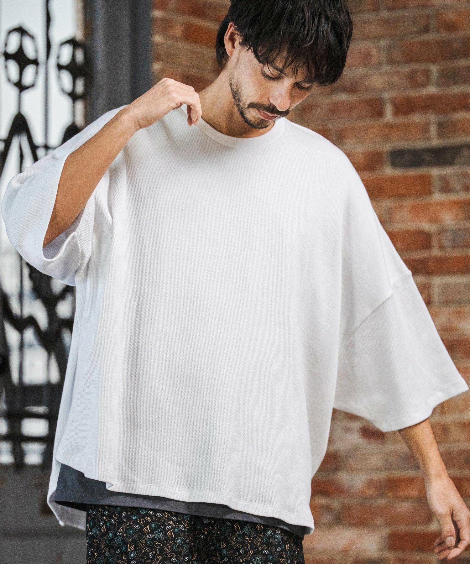 ダブルネックオーバーTEE Double Neck Over Tee CAMBIO(カンビオ)】Honeycomb Waffle Over Size Tee オーバー
