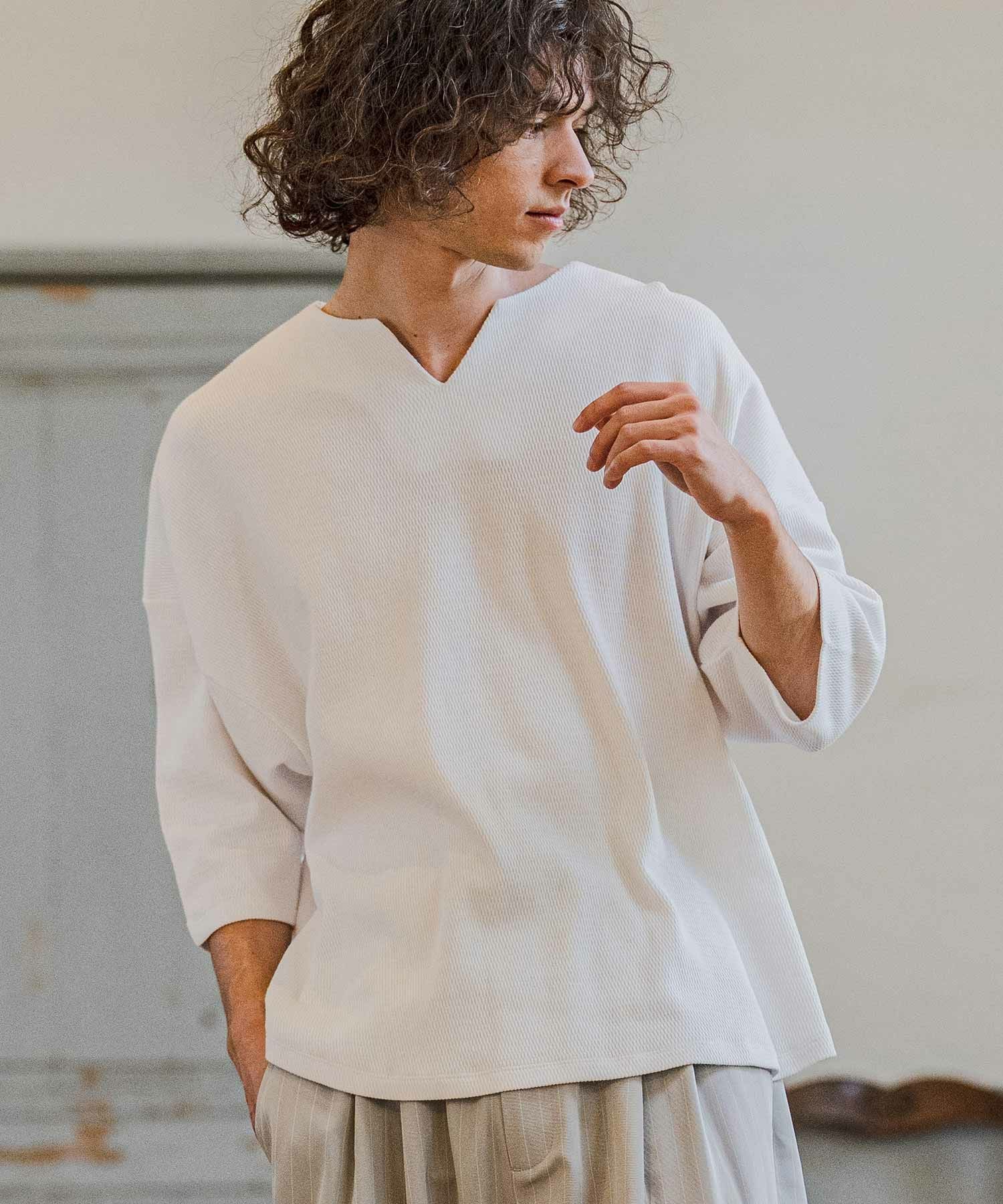 CAMBIO(カンビオ)】Honeycomb Waffle Key Neck 3-4 Sleeve Cut sew 七