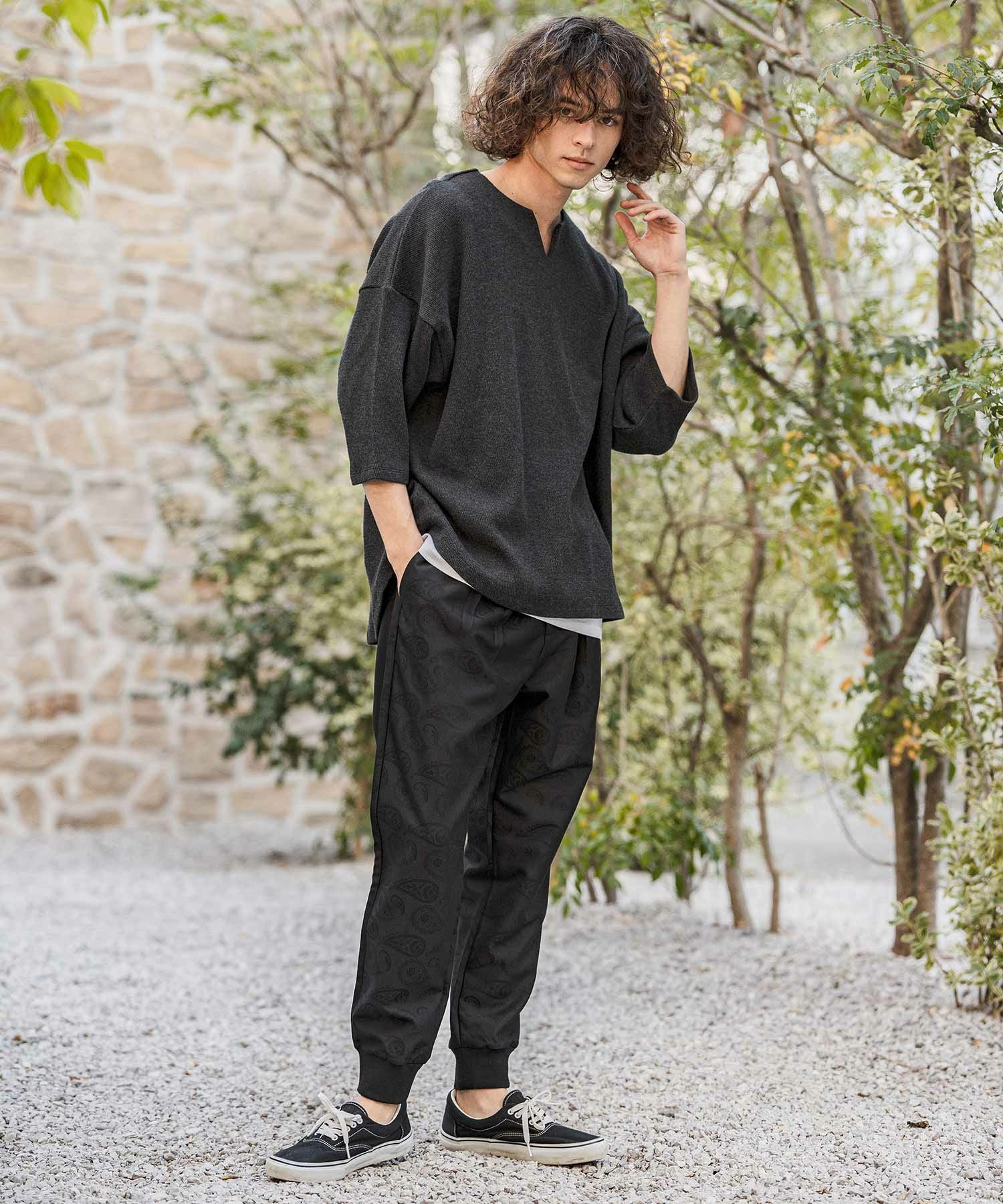 CAMBIO(カンビオ)】Honeycomb Waffle Key Neck 3-4 Sleeve Cut sew 七