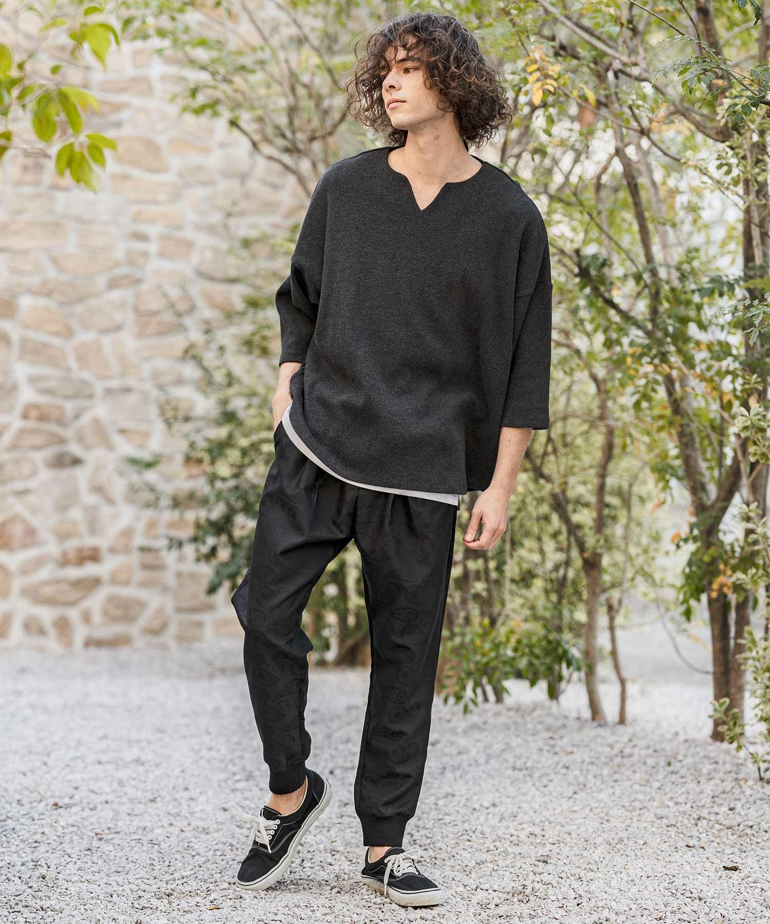 CAMBIO(カンビオ)】Honeycomb Waffle Key Neck 3-4 Sleeve Cut sew 七