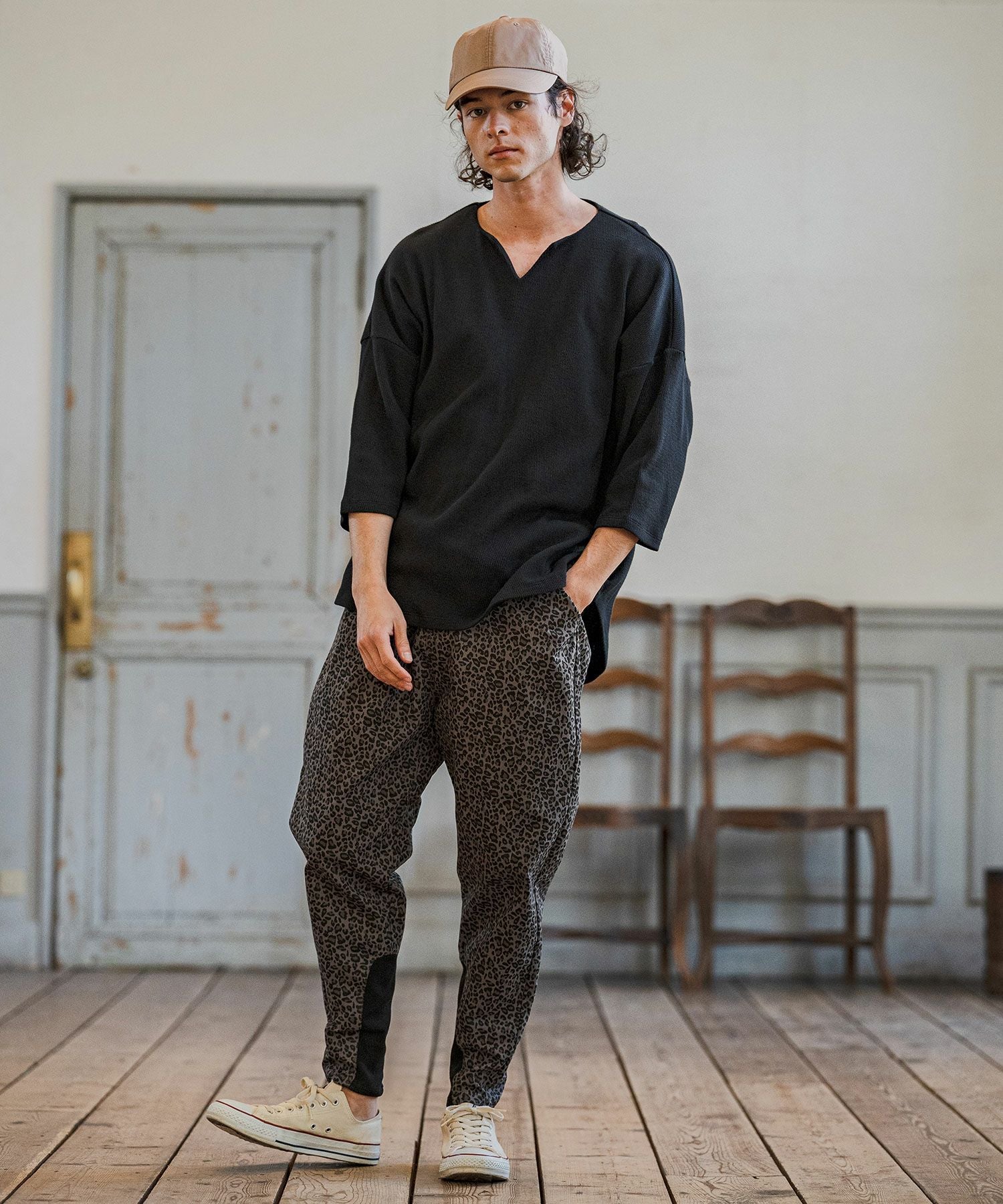 CAMBIO(カンビオ)】Honeycomb Waffle Key Neck 3-4 Sleeve Cut sew 七