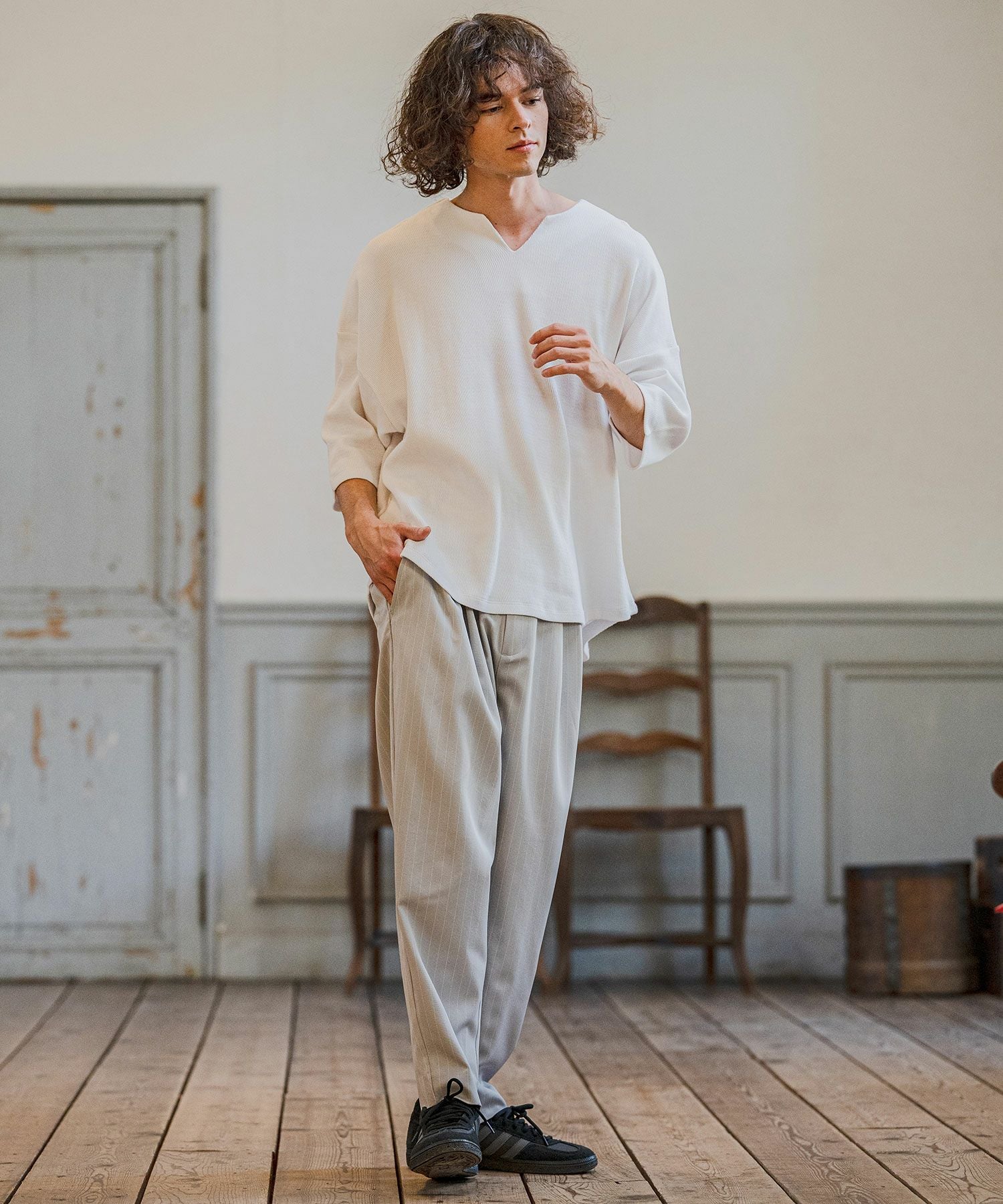 CAMBIO(カンビオ)】Honeycomb Waffle Key Neck 3-4 Sleeve Cut sew 七