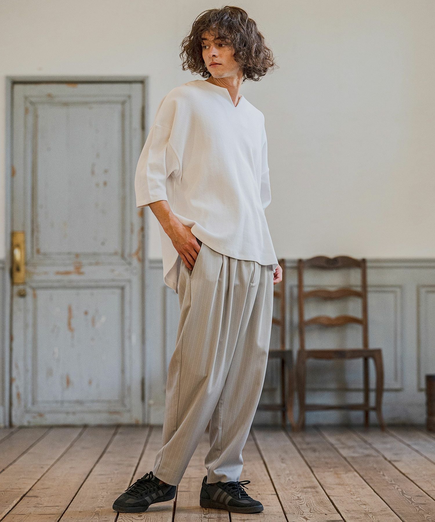 CAMBIO(カンビオ)】Honeycomb Waffle Key Neck 3-4 Sleeve Cut sew 七