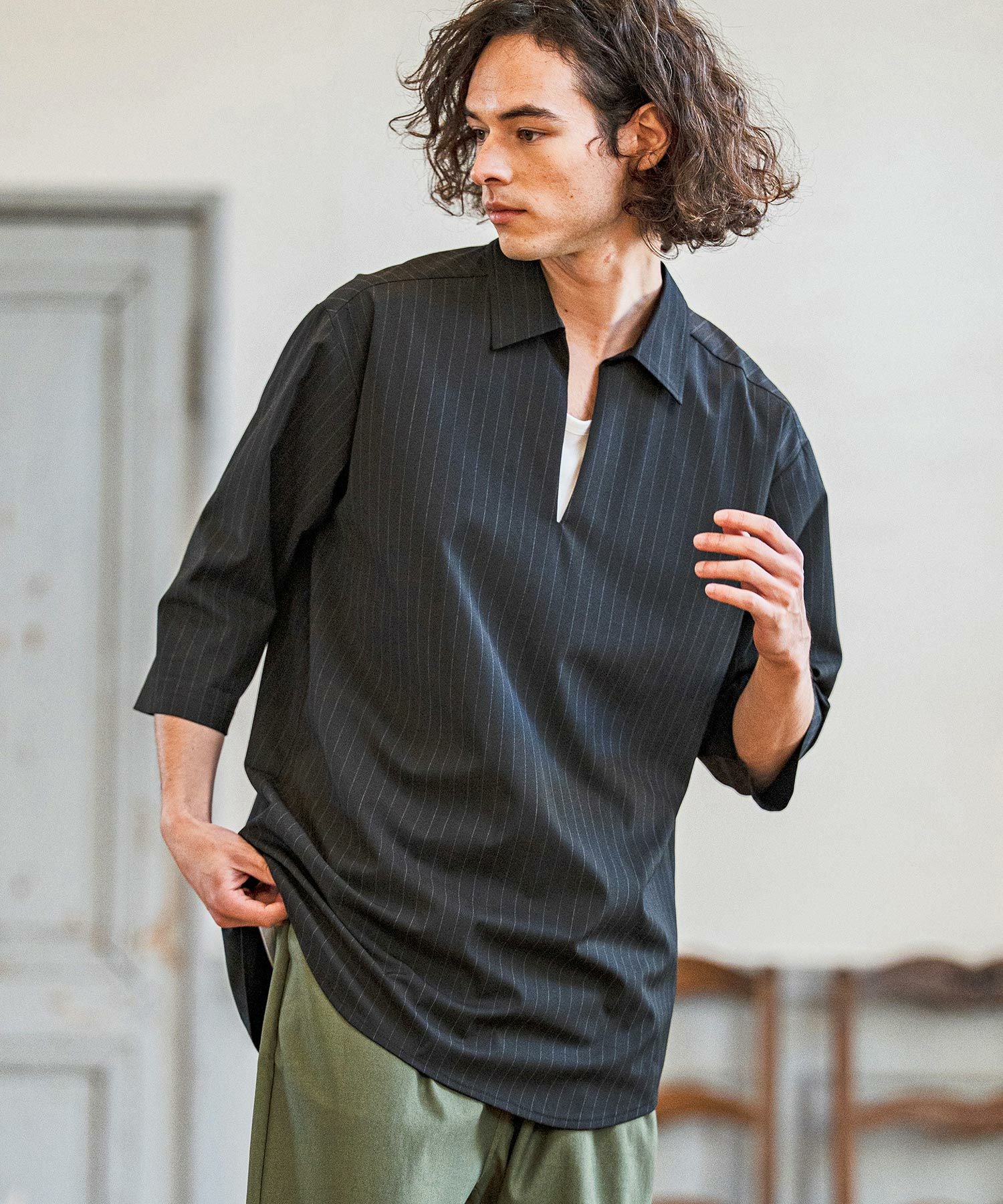 CAMBIO(カンビオ)】Classic Pinstripe Skipper 3-4 Sleeve Pullover