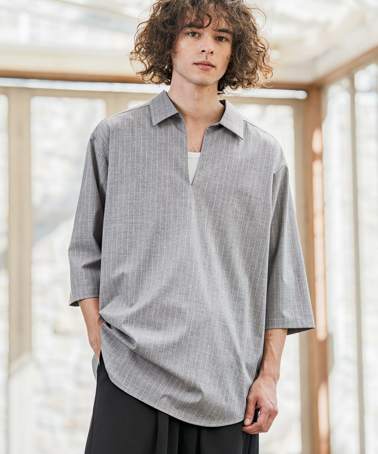 CAMBIO(カンビオ)】Classic Pinstripe Skipper 3-4 Sleeve Pullover
