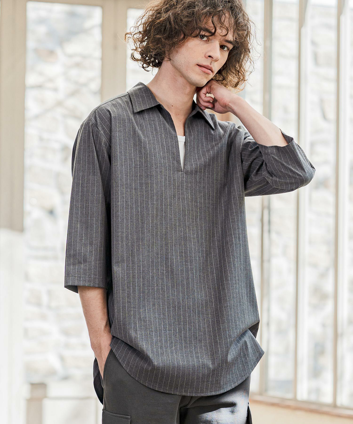 CAMBIO(カンビオ)】Classic Pinstripe Skipper 3-4 Sleeve Pullover