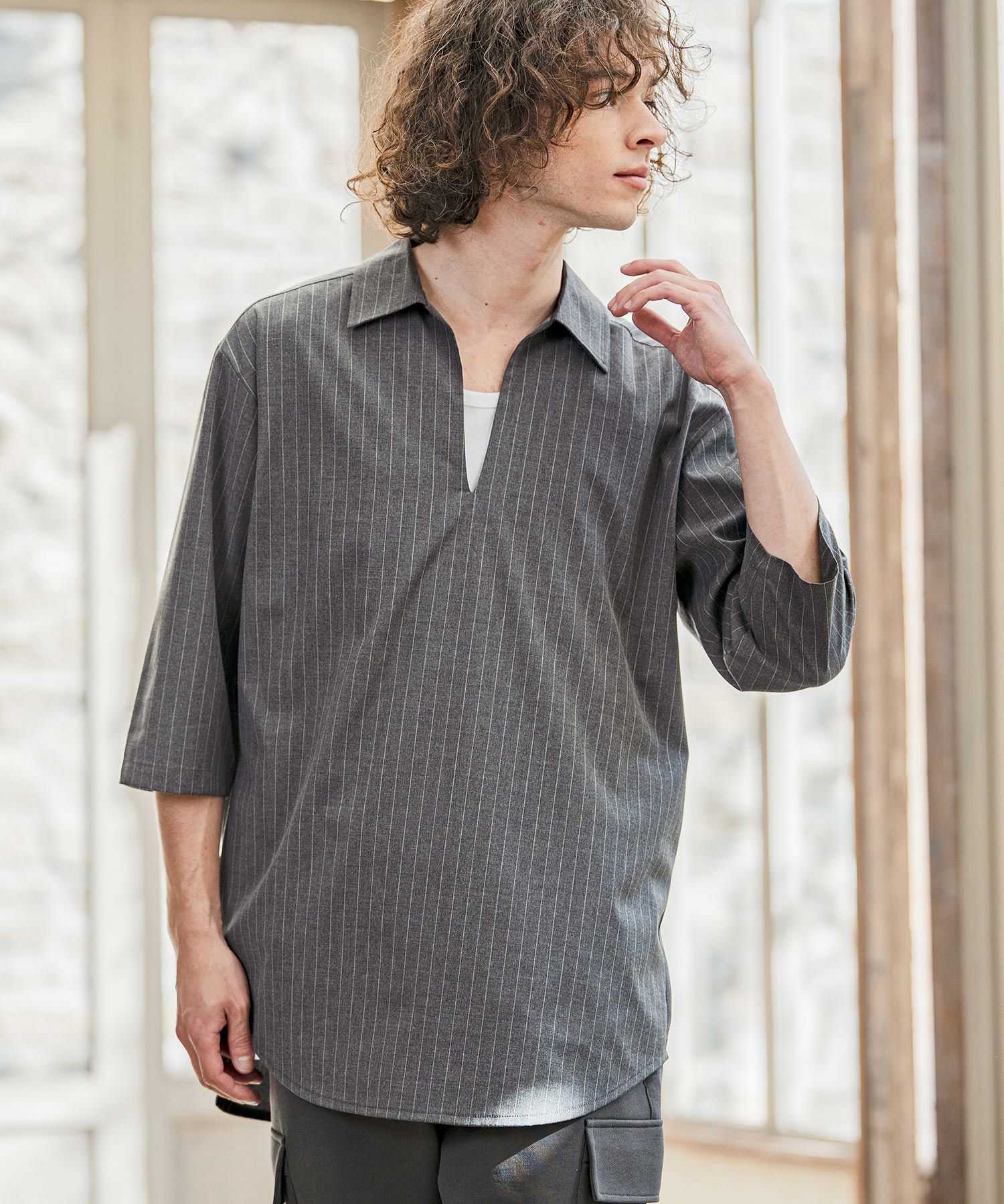 CAMBIO(カンビオ)】Classic Pinstripe Skipper 3-4 Sleeve Pullover