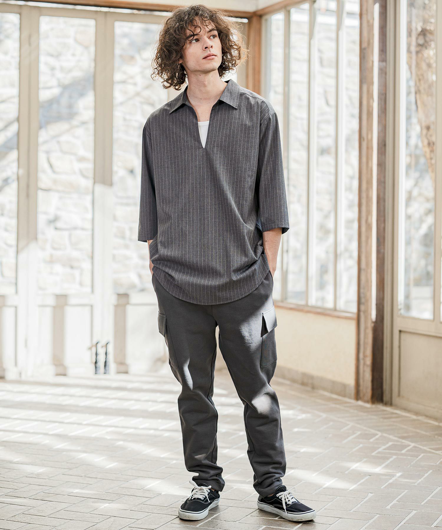 CAMBIO(カンビオ)】Classic Pinstripe Skipper 3-4 Sleeve Pullover
