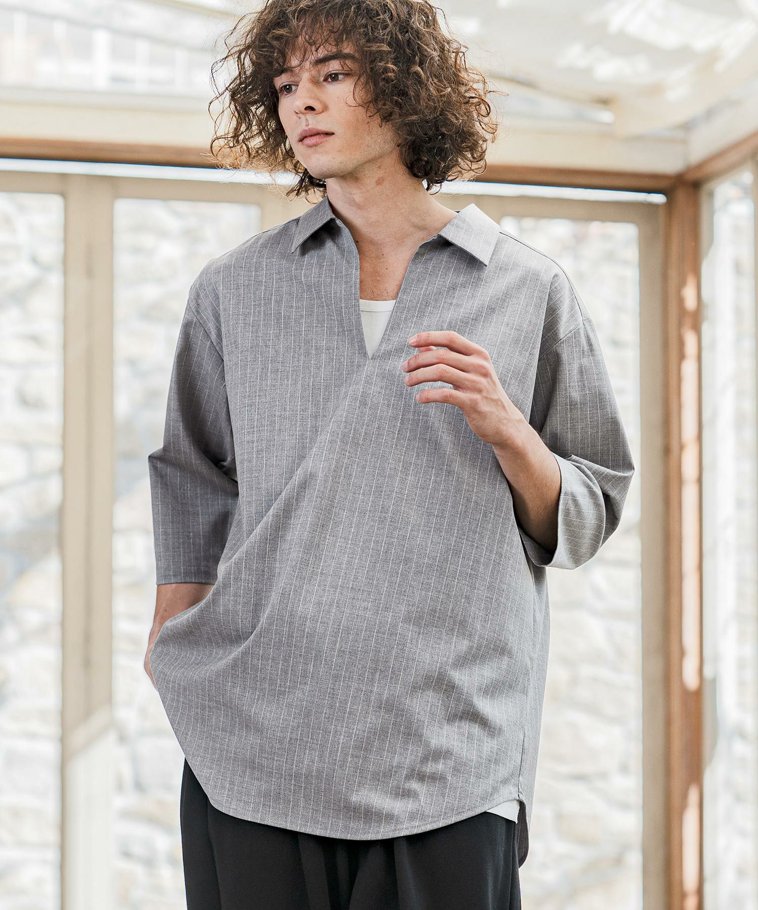 CAMBIO(カンビオ)】Classic Pinstripe Skipper 3-4 Sleeve Pullover