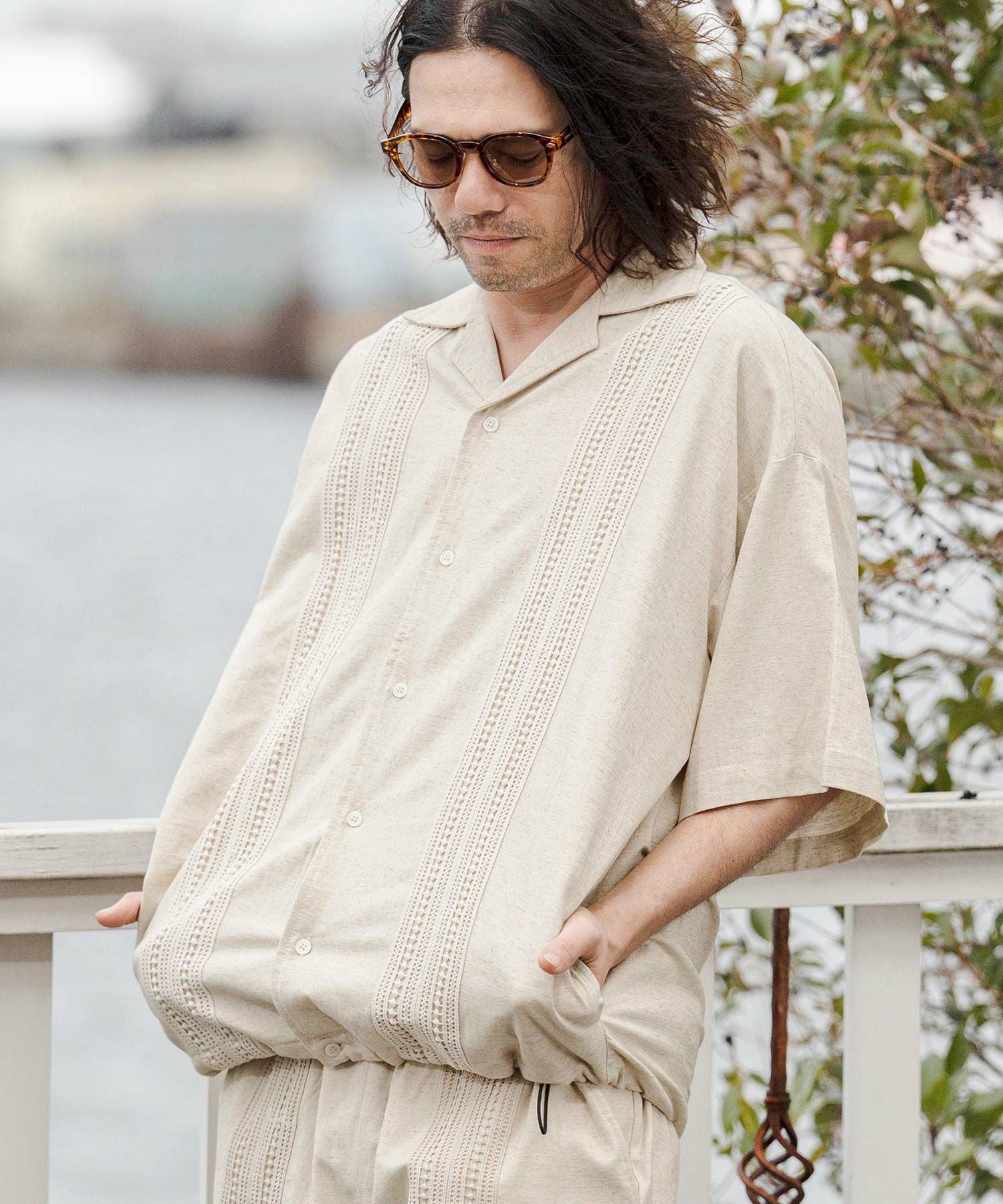 トップス sn0110_ CAMBIO(カンビオ)】Cotton Linen Tape Switch Open Collar Shirts