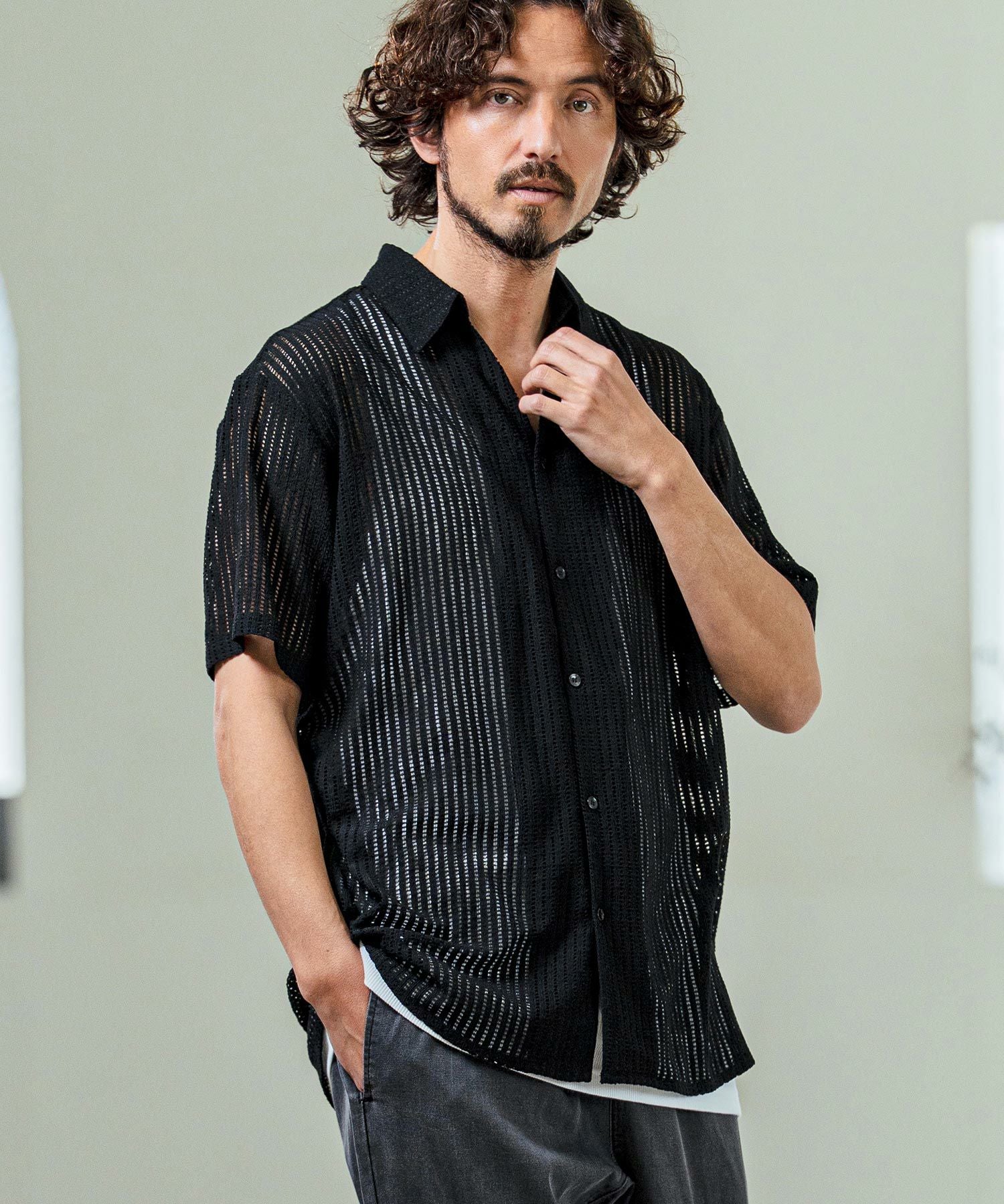 Magine(マージン)】Sheer Fabric Skipper Neck Short Sleeve Shirt