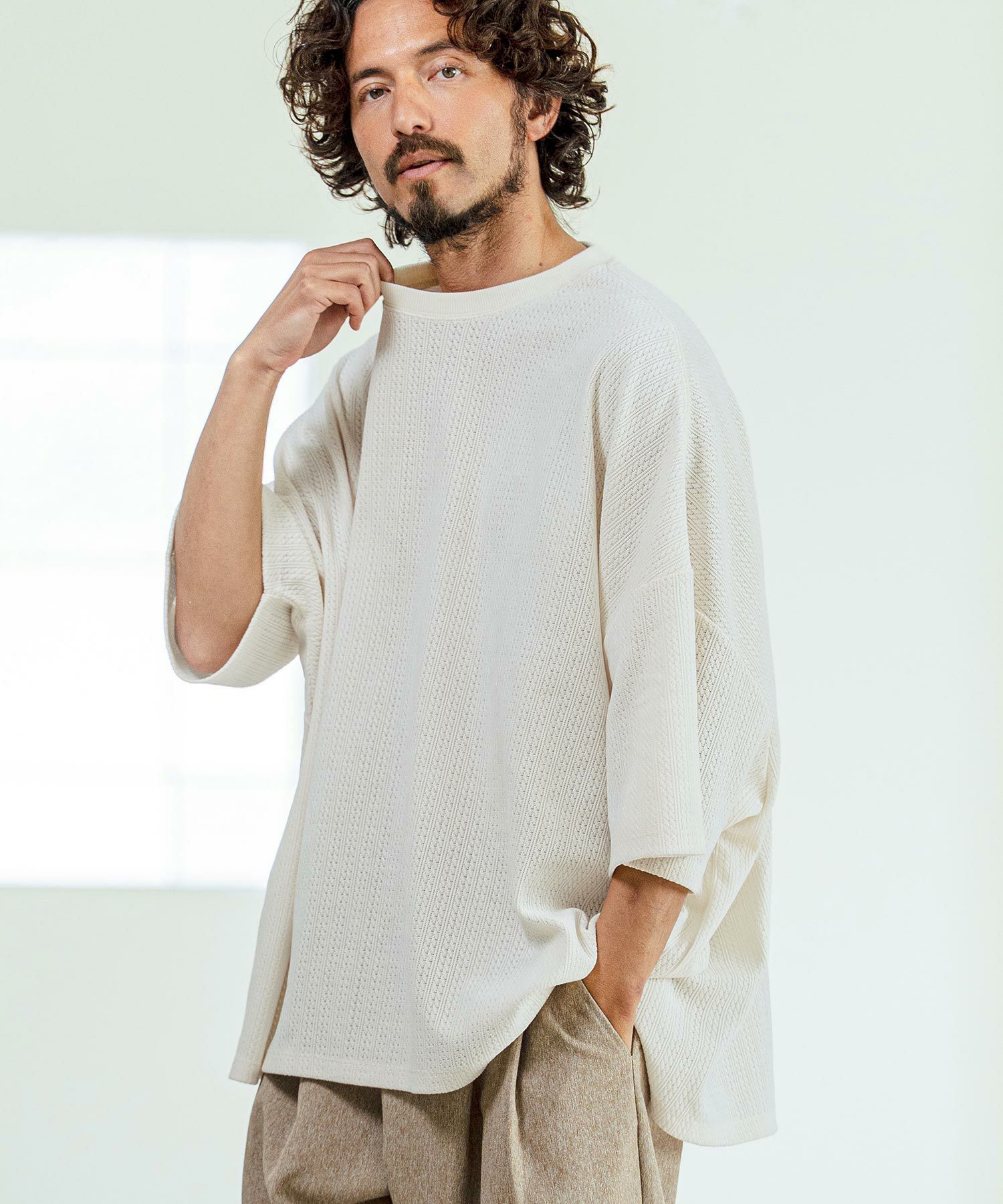 Magine(マージン)】Knit Look Side Slit Relax Fit T-Shirt ニットソー