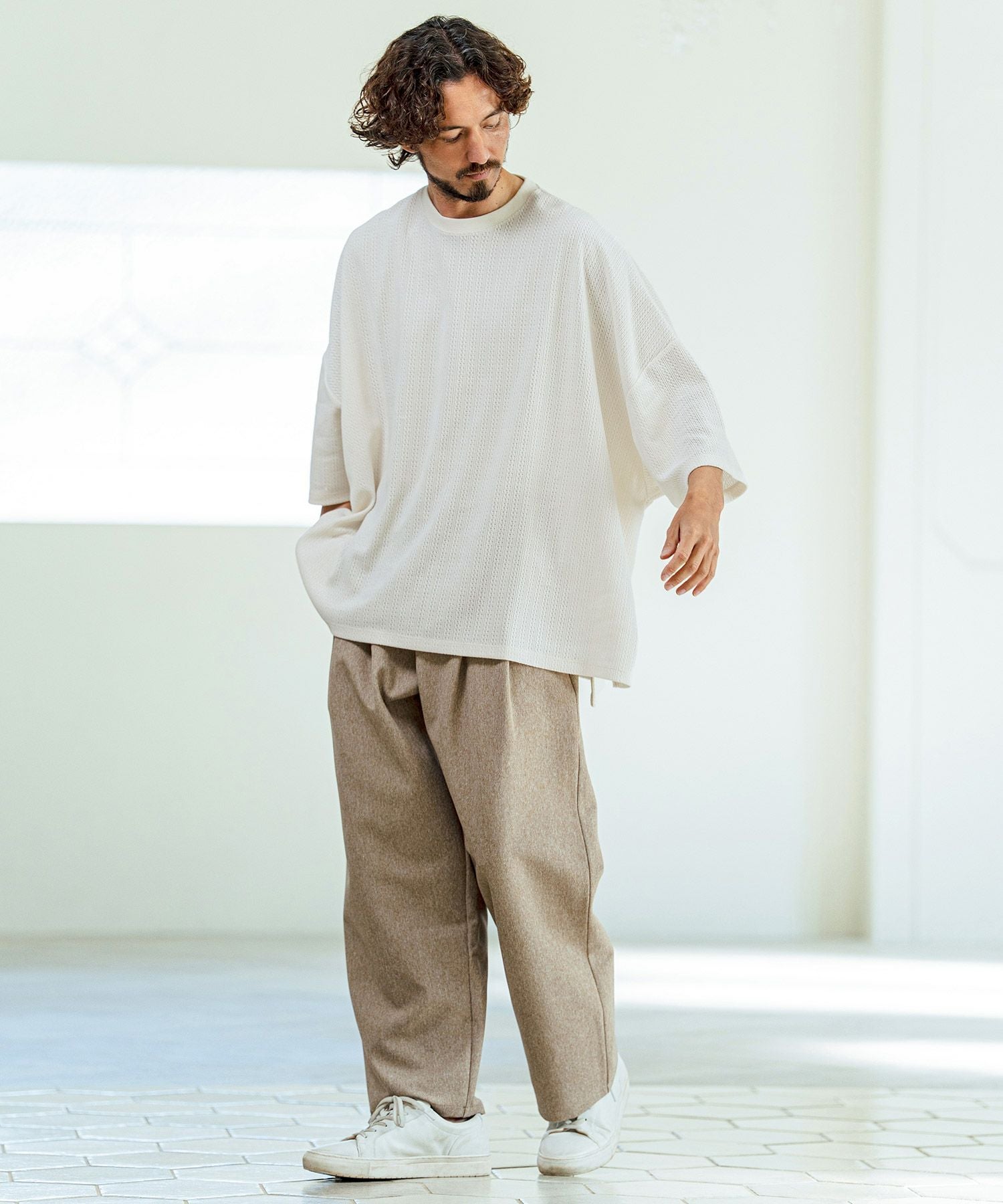 Magine(マージン)】Knit Look Side Slit Relax Fit T-Shirt ニットソー