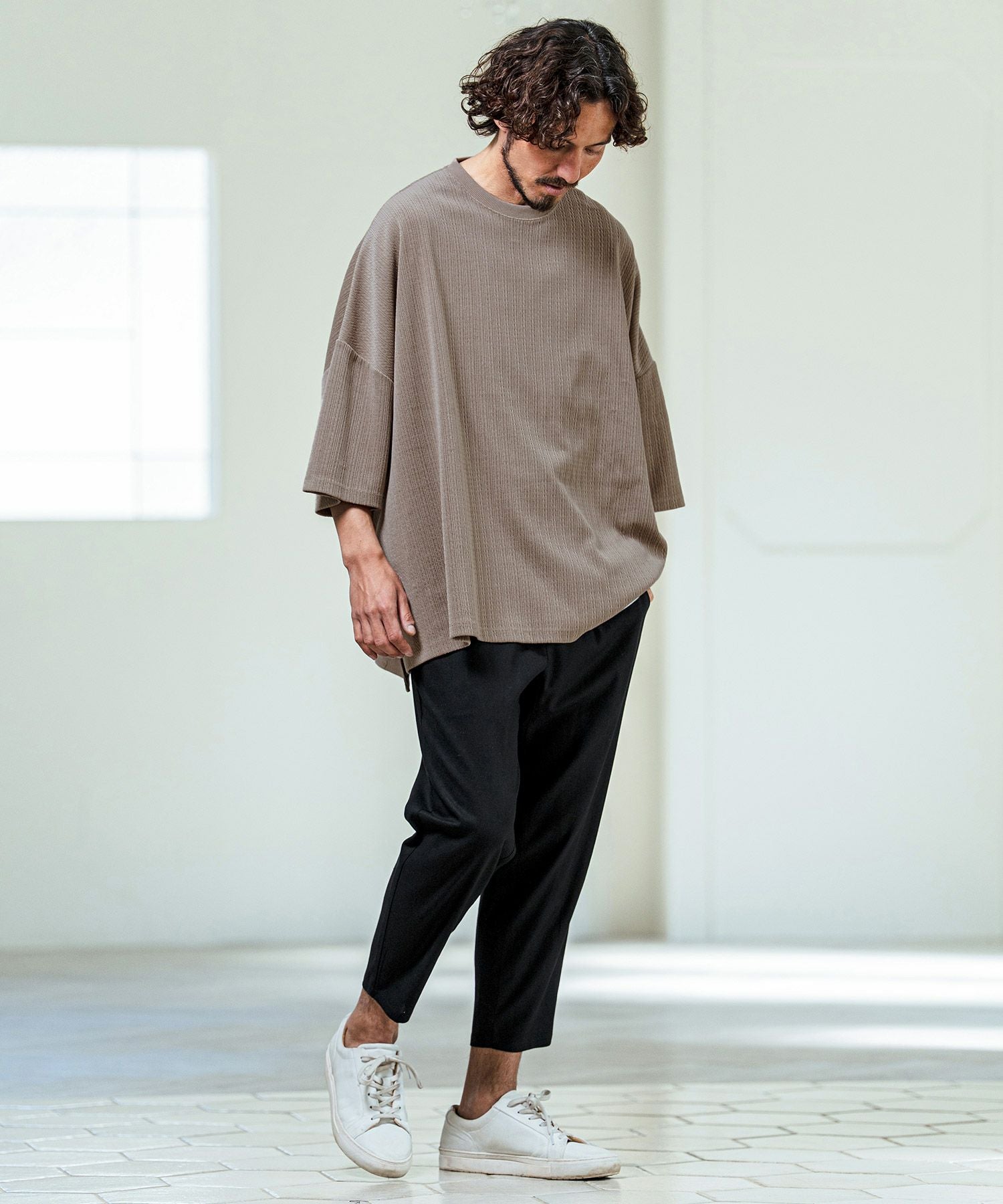 Magine(マージン)】Knit Look Side Slit Relax Fit T-Shirt ニットソー
