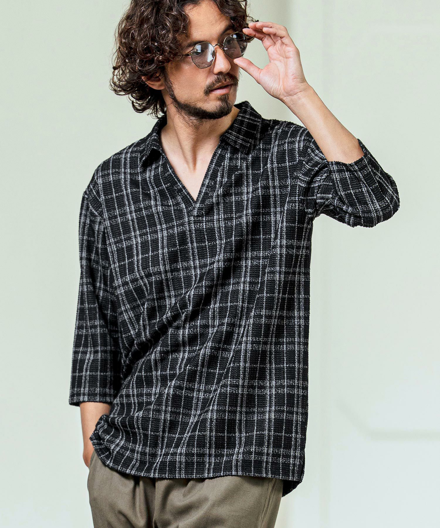 Magine(マージン)】Grid Pattern Fabric Skipper Polo ポロシャツ(MGN