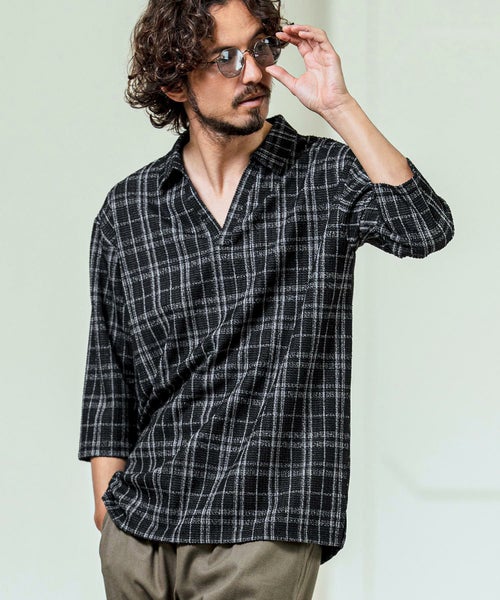 Magine(マージン)】Grid Pattern Fabric Skipper Polo ポロシャツ(MGN 
