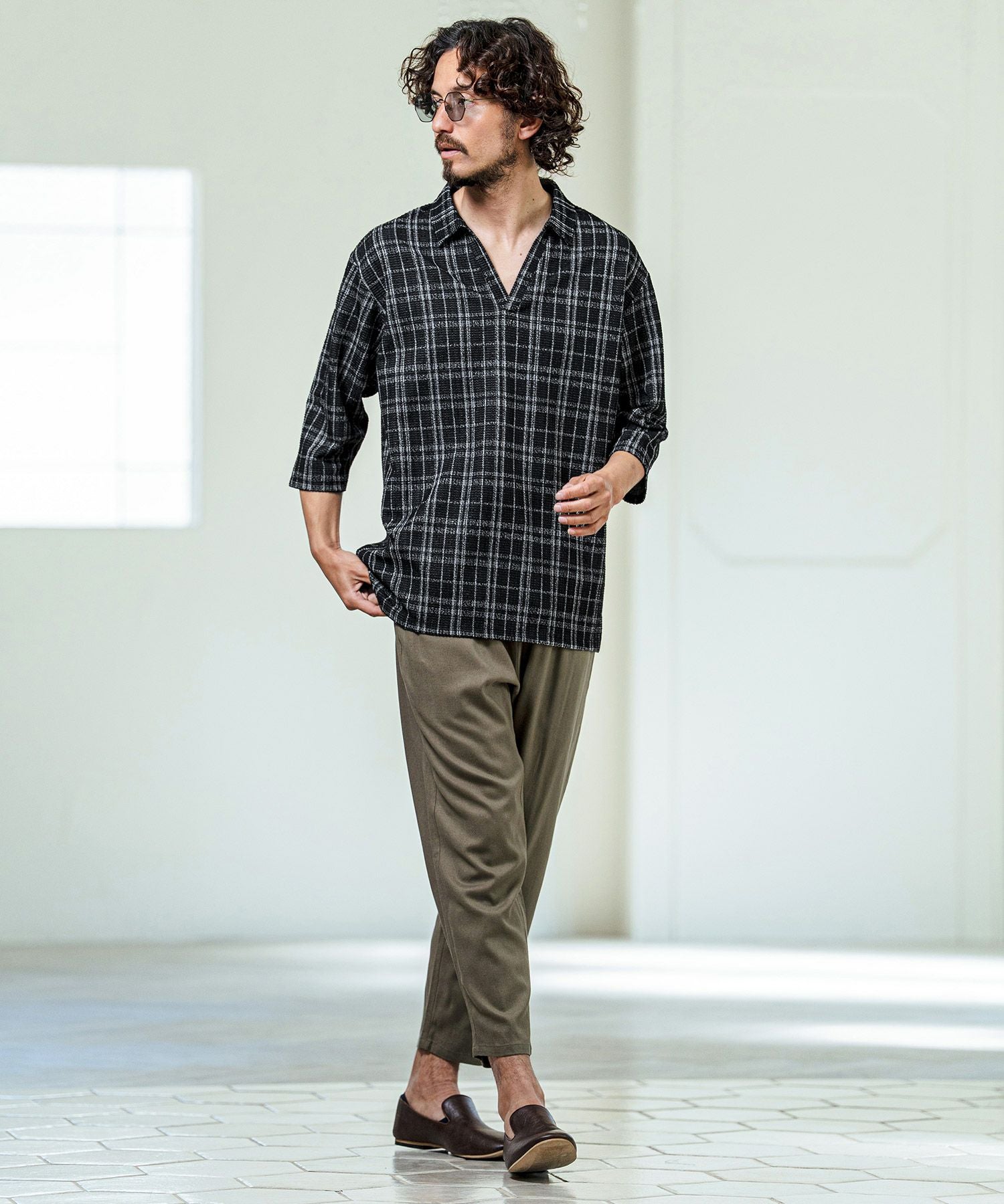 Magine(マージン)】Grid Pattern Fabric Skipper Polo ポロシャツ(MGN
