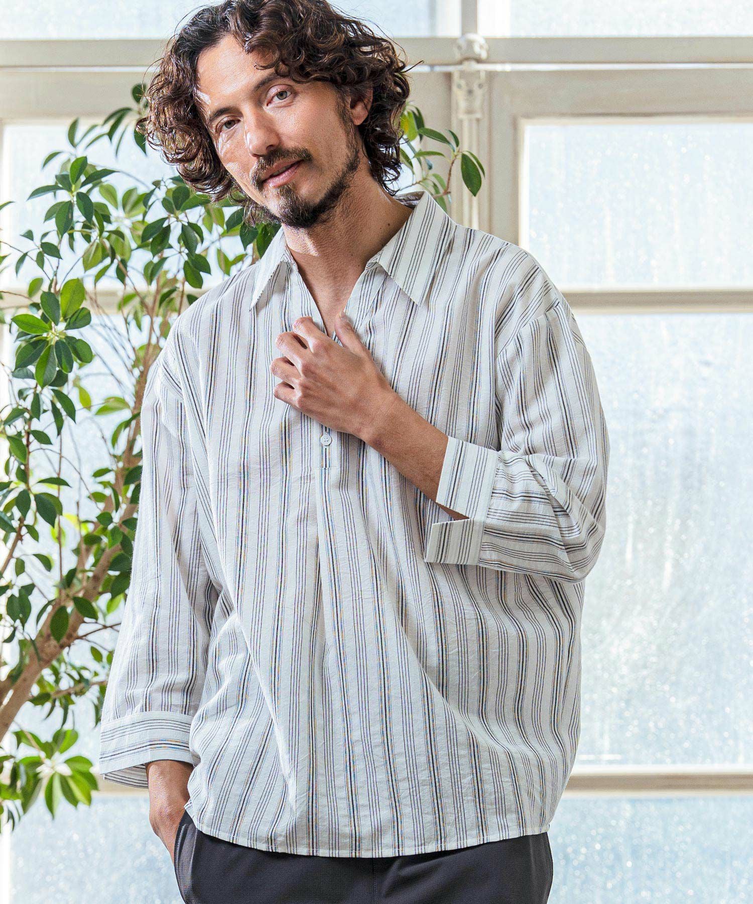 Magine(マージン)】Gauze Touch Stripe Skipper Polo Seven Sleeve
