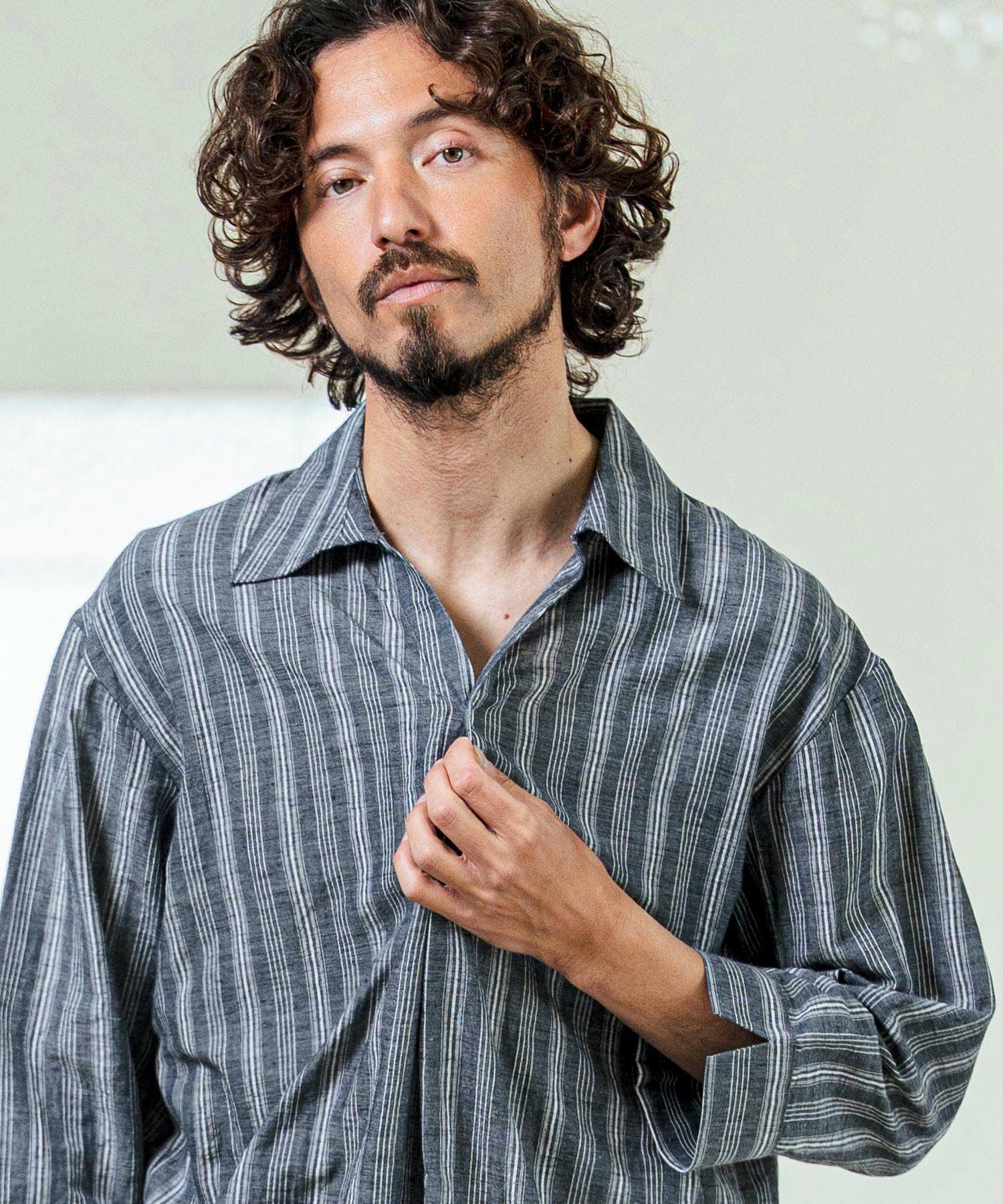 Magine(マージン)】Gauze Touch Stripe Skipper Polo Seven Sleeve
