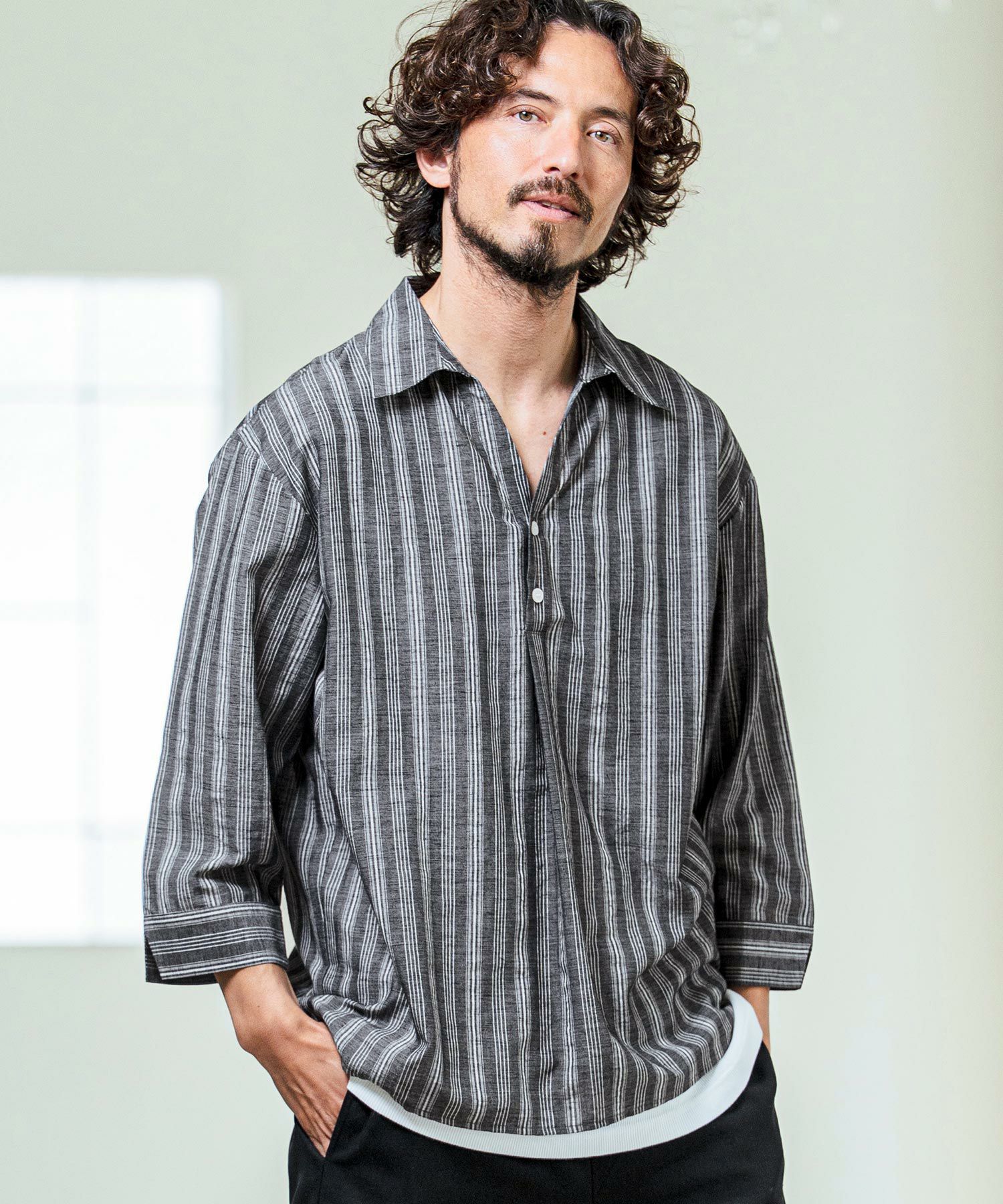 Magine(マージン)】Gauze Touch Stripe Skipper Polo Seven Sleeve