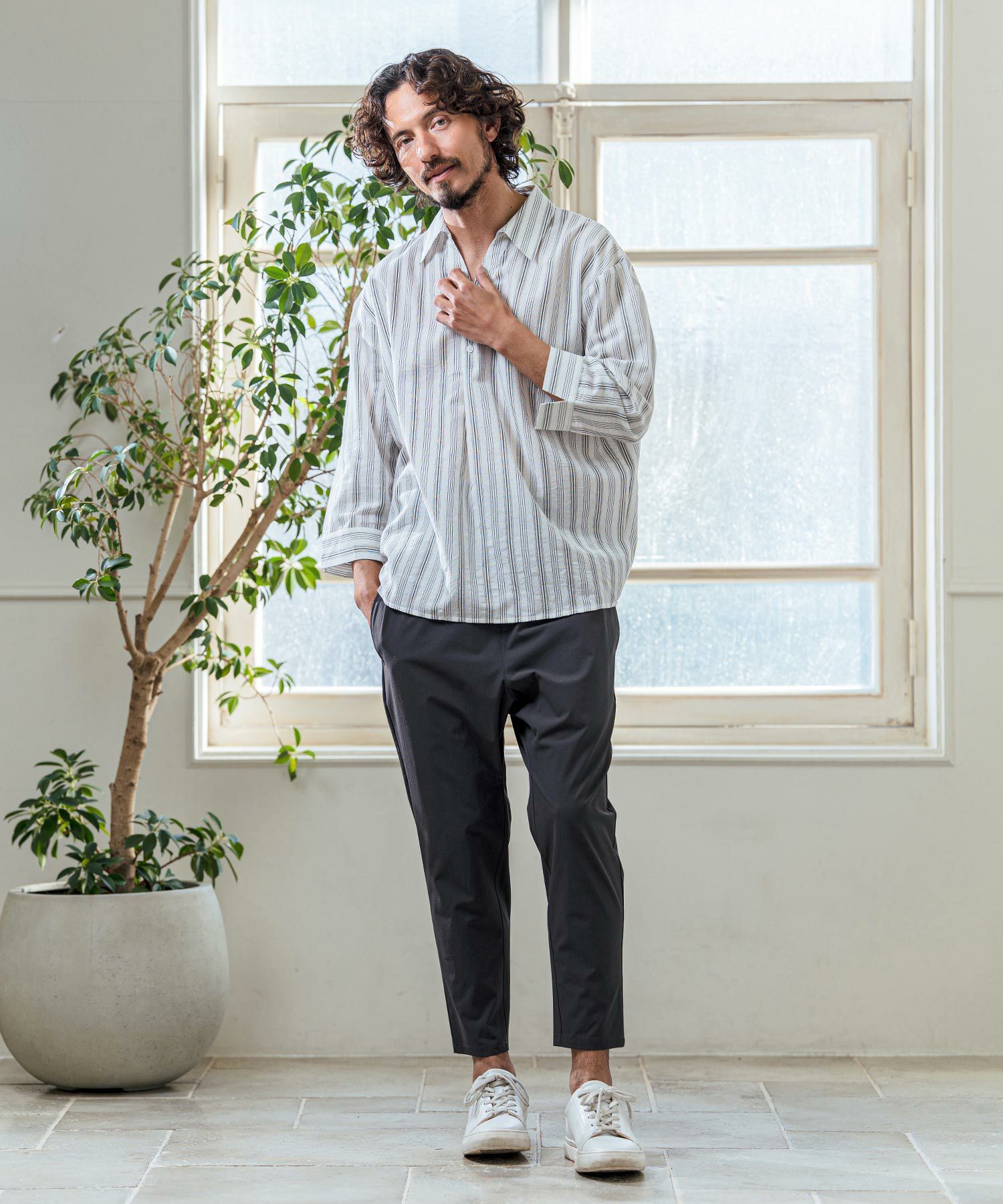 Magine(マージン)】Gauze Touch Stripe Skipper Polo Seven Sleeve