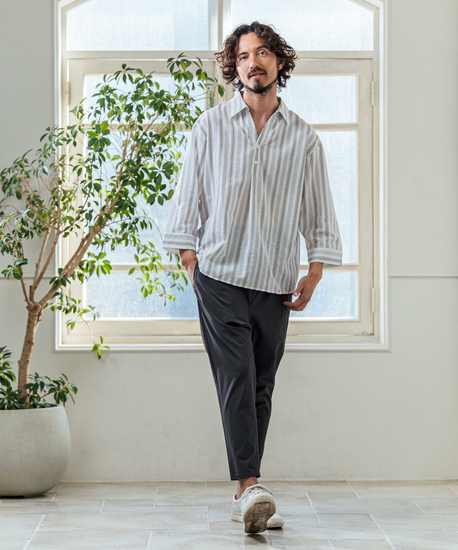 Magine(マージン)】Gauze Touch Stripe Skipper Polo Seven Sleeve