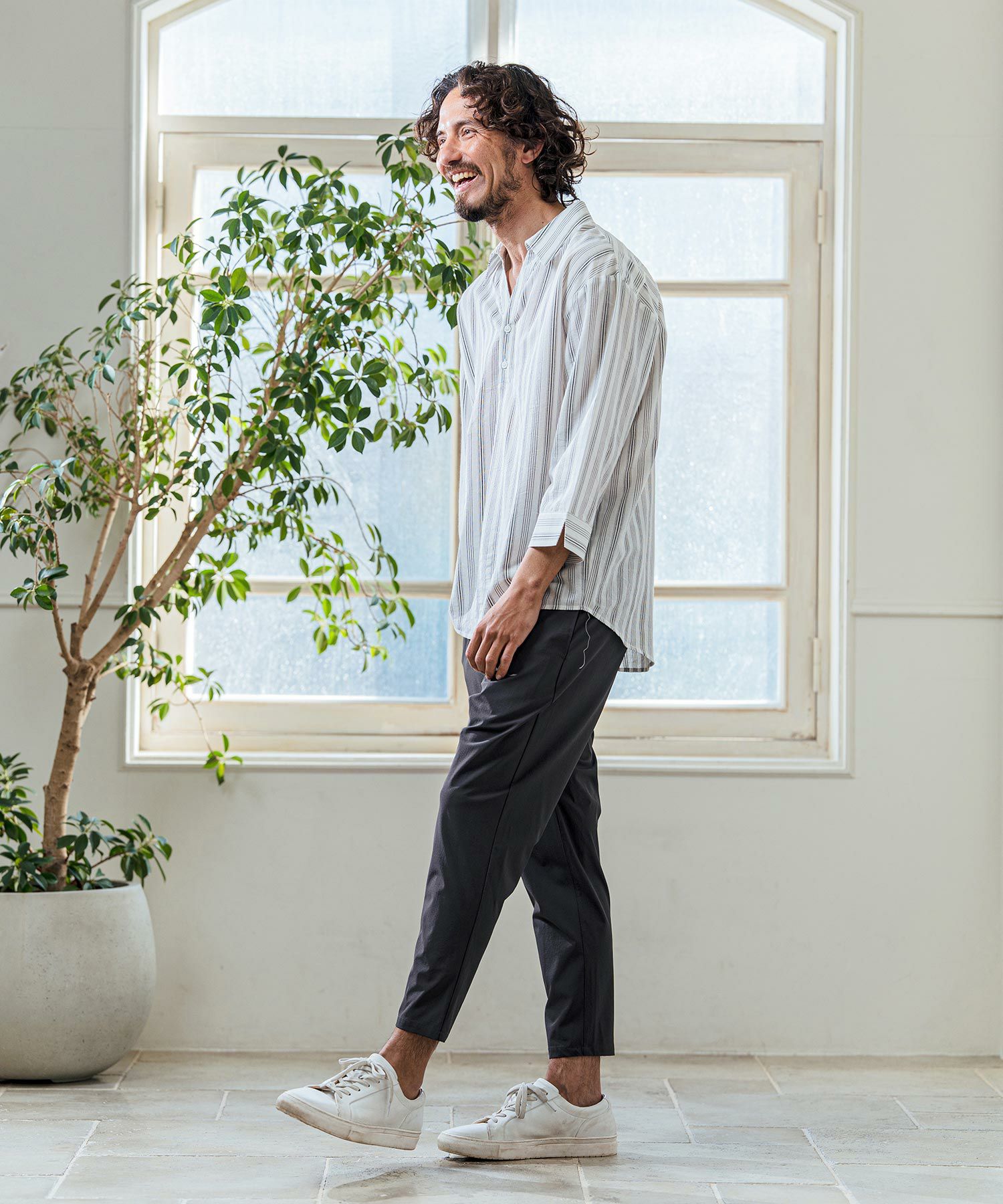 Magine(マージン)】Gauze Touch Stripe Skipper Polo Seven Sleeve
