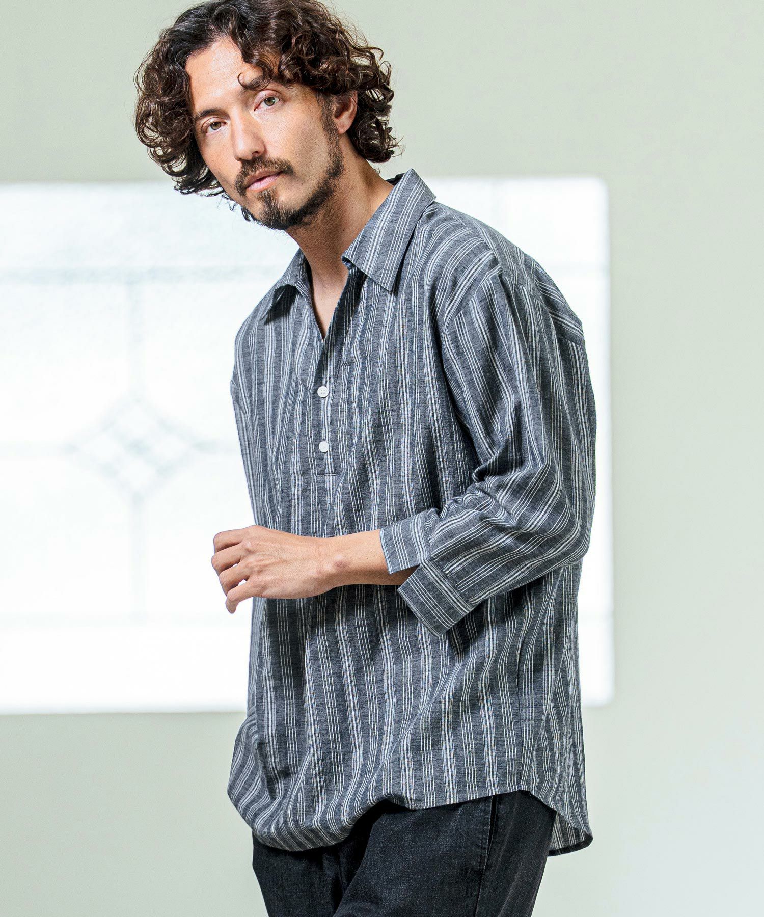 Magine(マージン)】Gauze Touch Stripe Skipper Polo Seven Sleeve