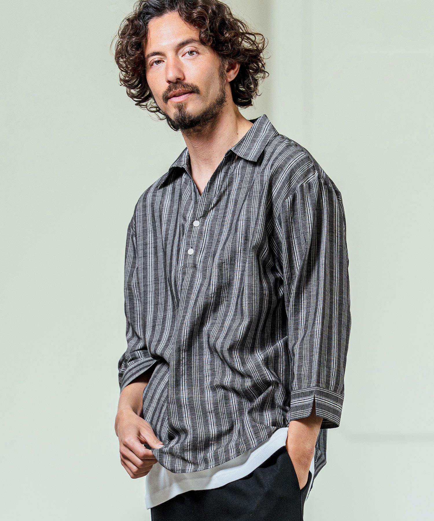 Magine(マージン)】Gauze Touch Stripe Skipper Polo Seven Sleeve