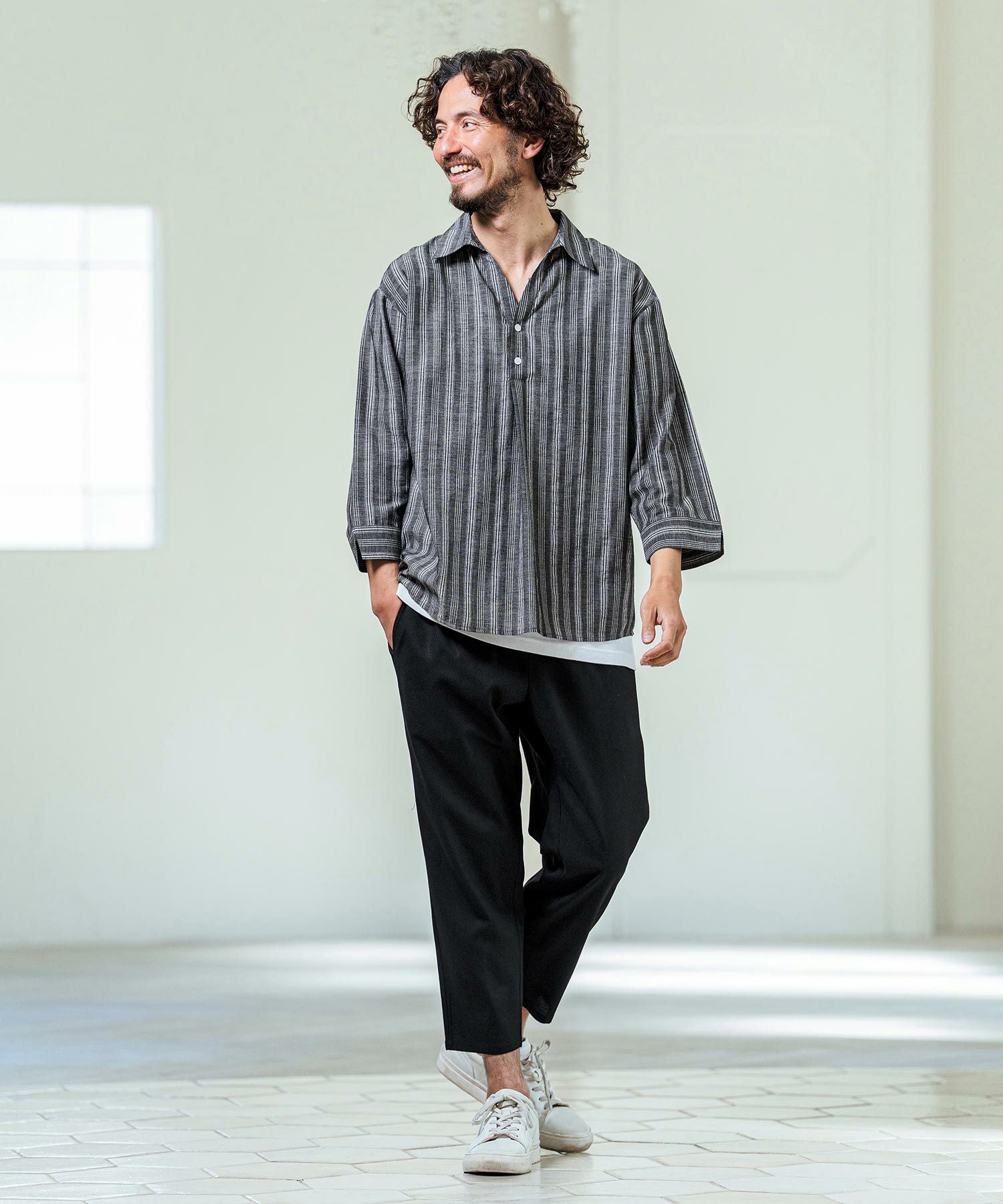 Magine(マージン)】Gauze Touch Stripe Skipper Polo Seven Sleeve