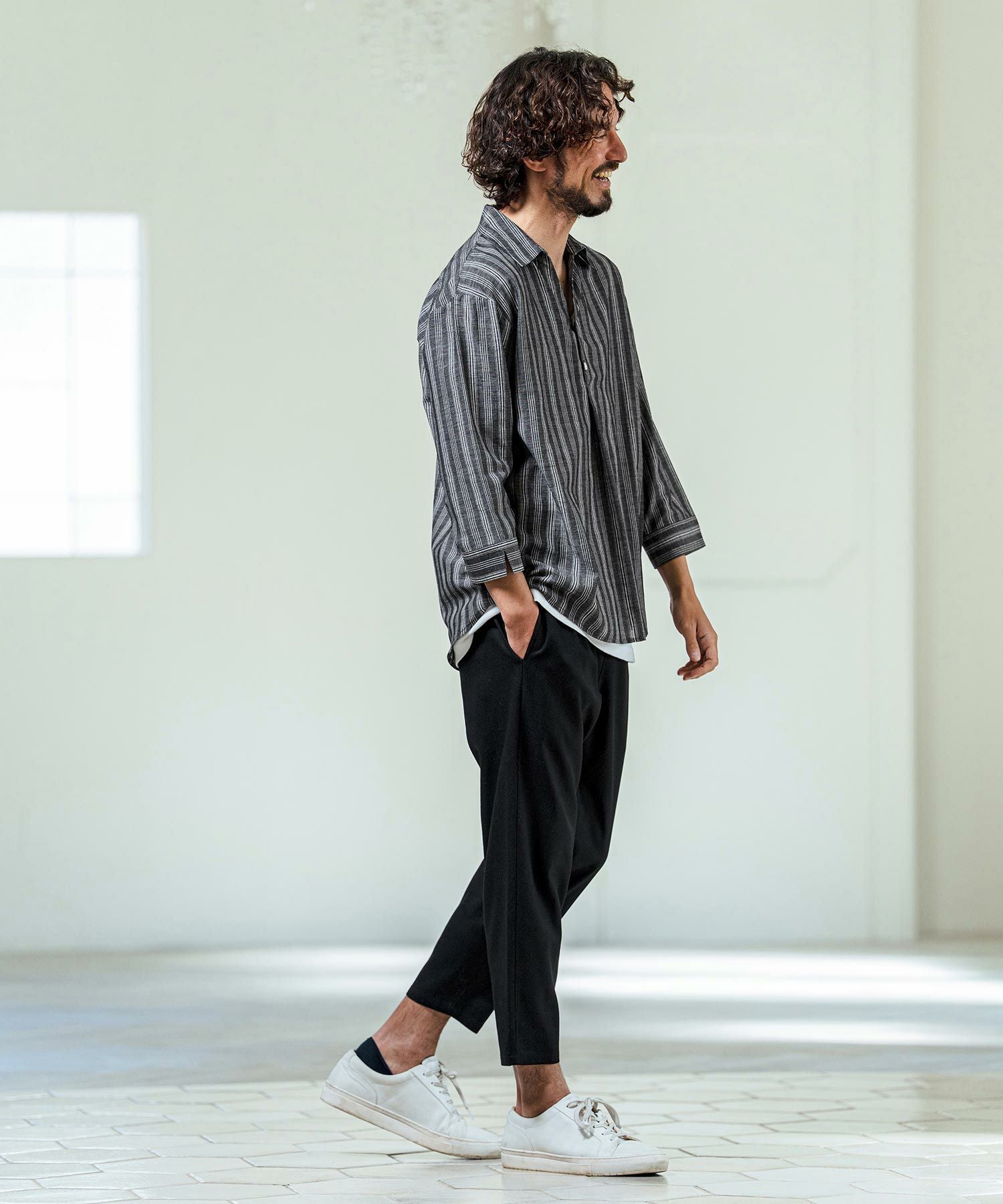 Magine(マージン)】Gauze Touch Stripe Skipper Polo Seven Sleeve