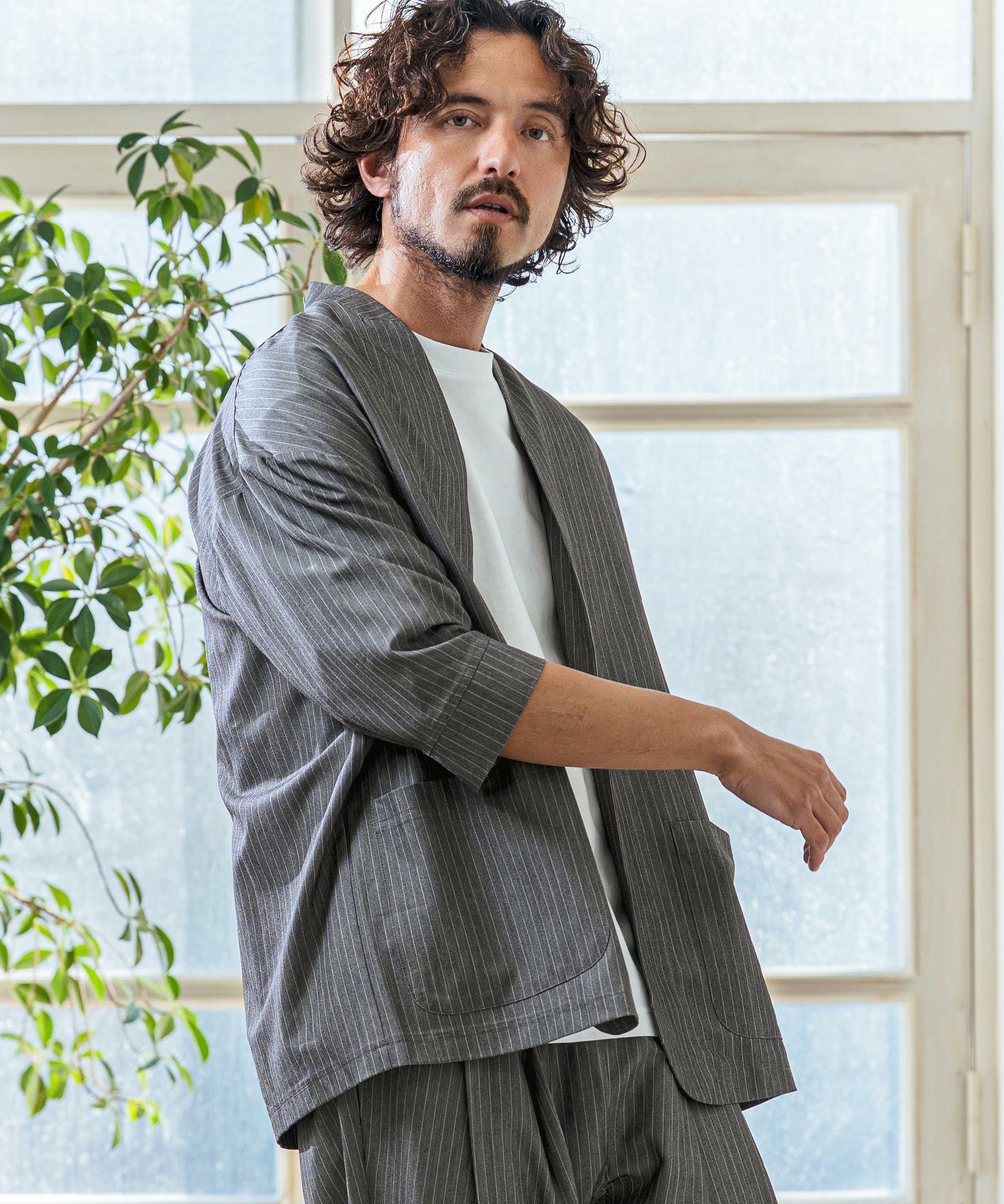Magine(マージン)】Pinstripe TR Stretch Lapel Less Relax Fit Seven