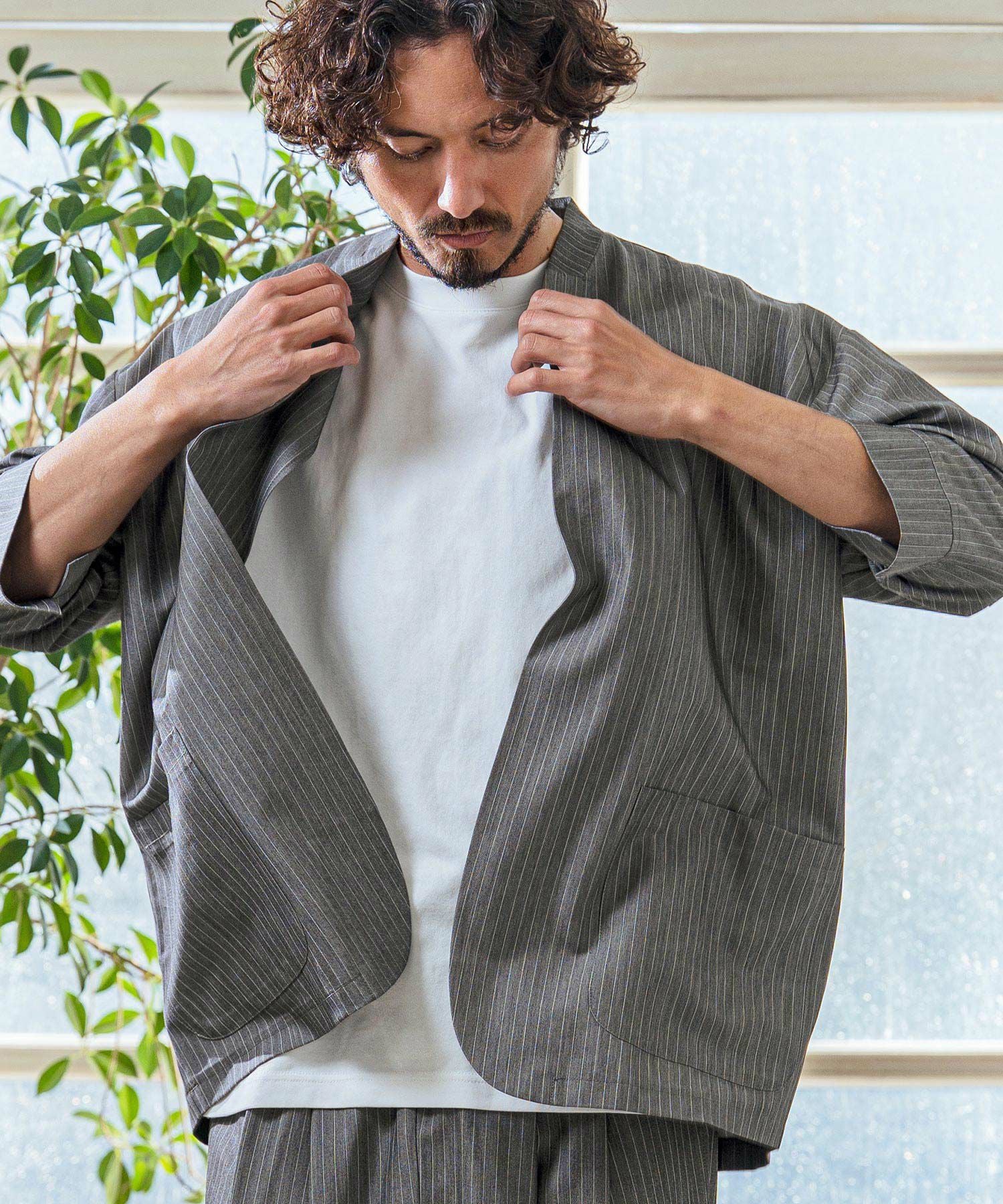 Magine(マージン)】Pinstripe TR Stretch Lapel Less Relax Fit Seven