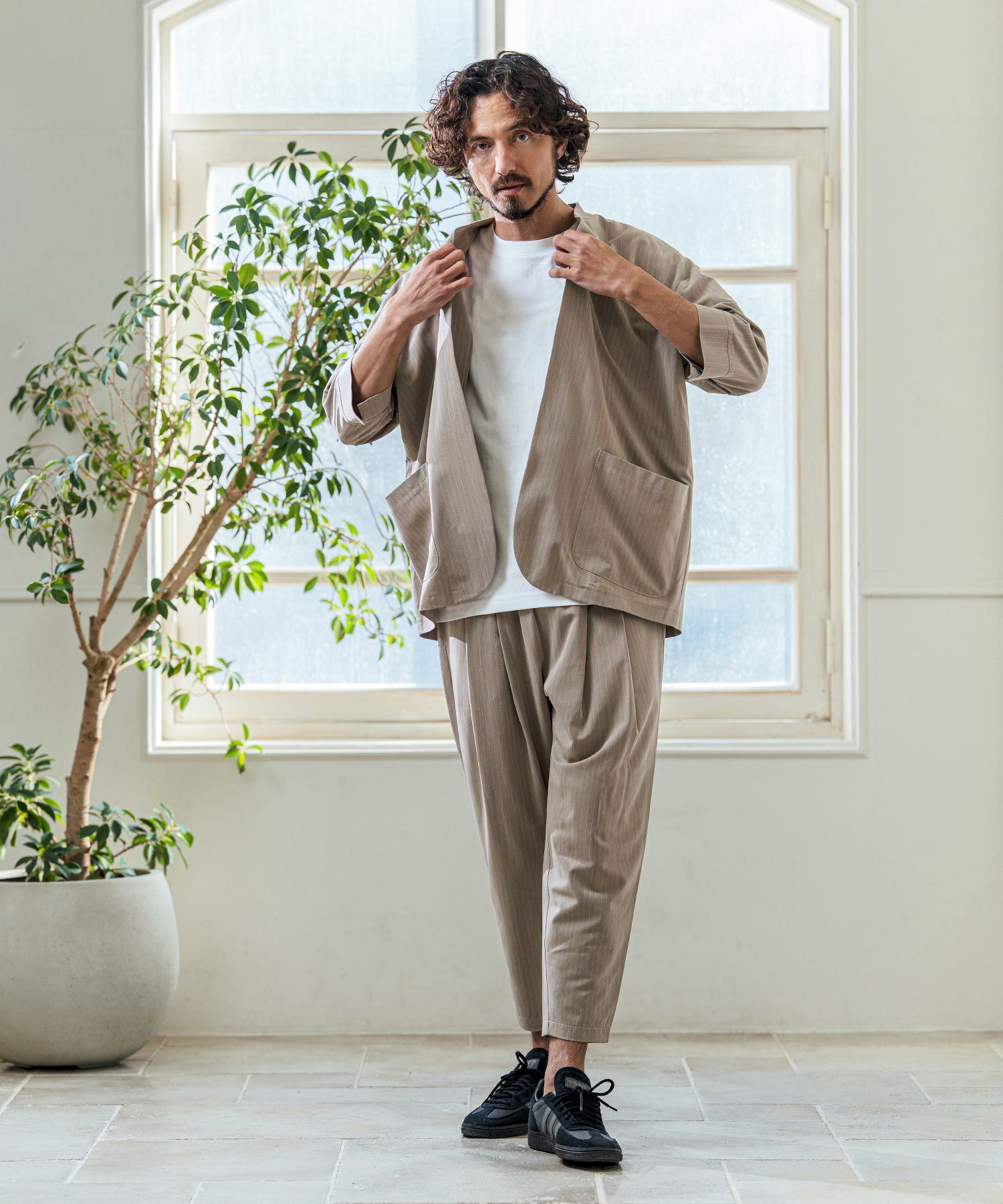 Magine(マージン)】Pinstripe TR Stretch Lapel Less Relax Fit Seven