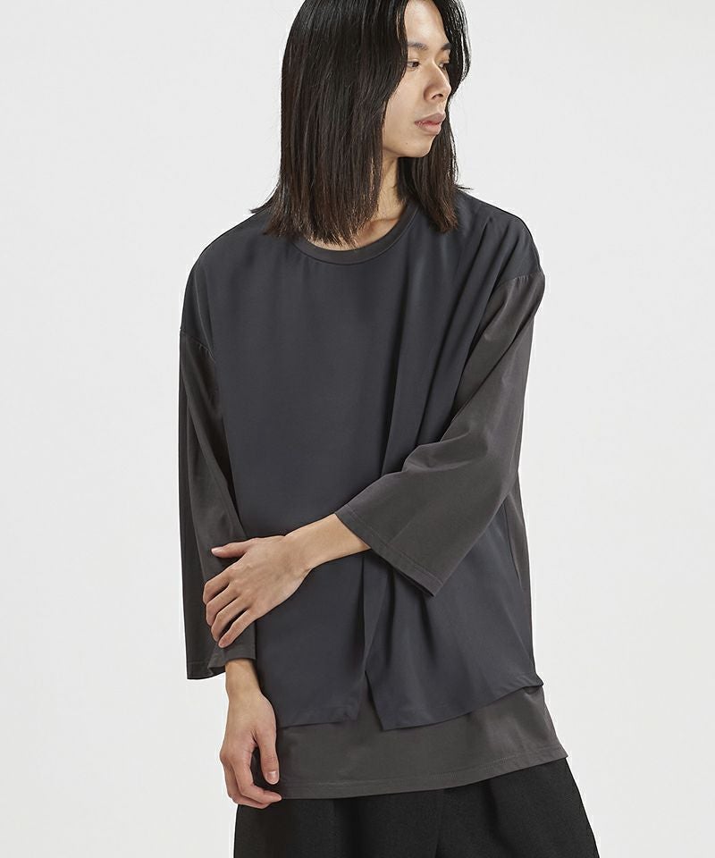 NO ID.(ノーアイディー)】ｽﾘｯﾄﾚｲﾔｰﾄﾞ8分袖BIG-T Tシャツ(458006-441T