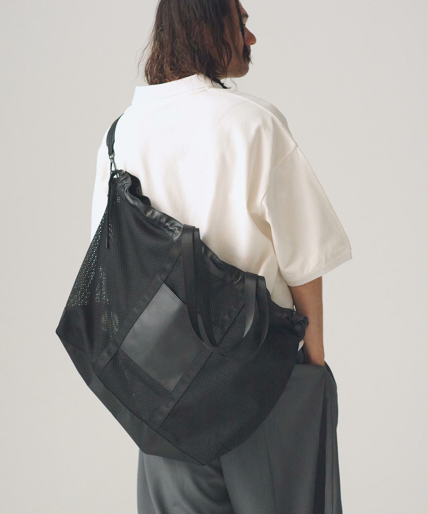 ADAM PATEK(アダムパテック)】Leather trimmed mesh 2way big tote bag