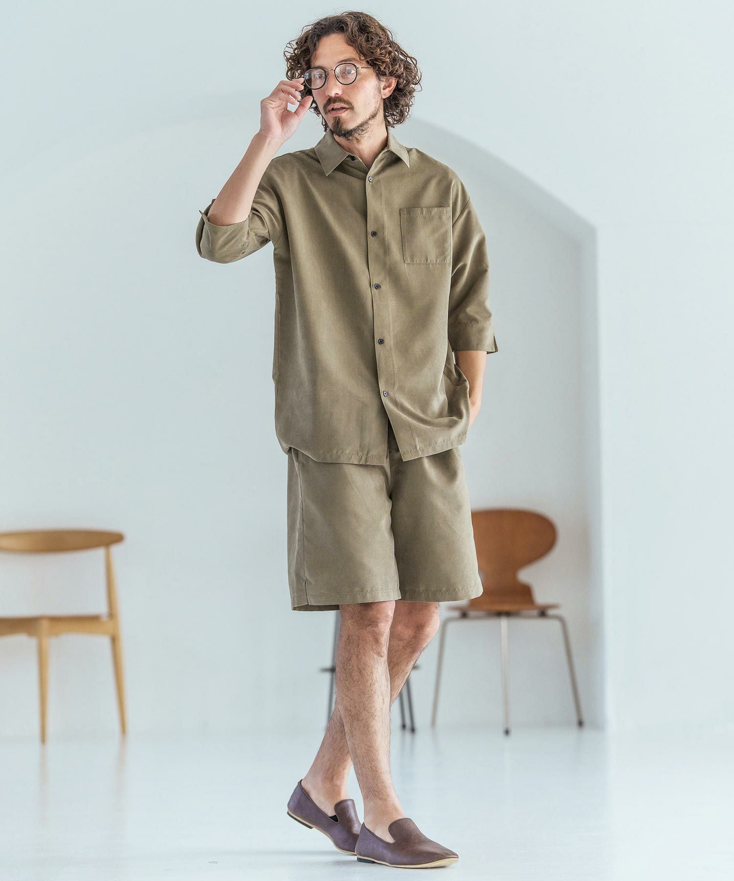 Magine(マージン)】Poly Peach Relax Silhouette Five Sleeve Shirt 五