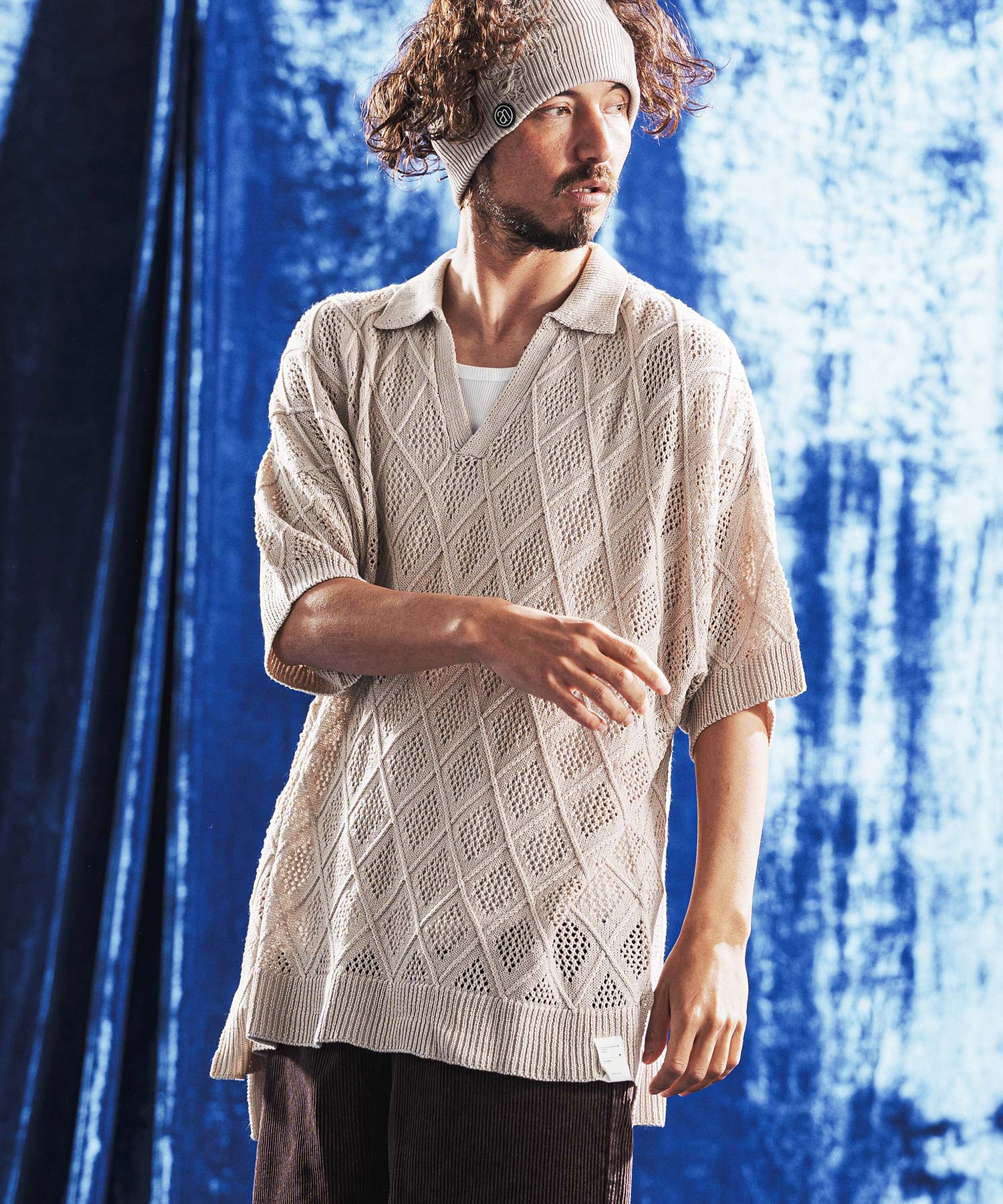 ANGENEHM(アンゲネーム)】Diamond Jacquard Sheer Skipper Polo Shirt